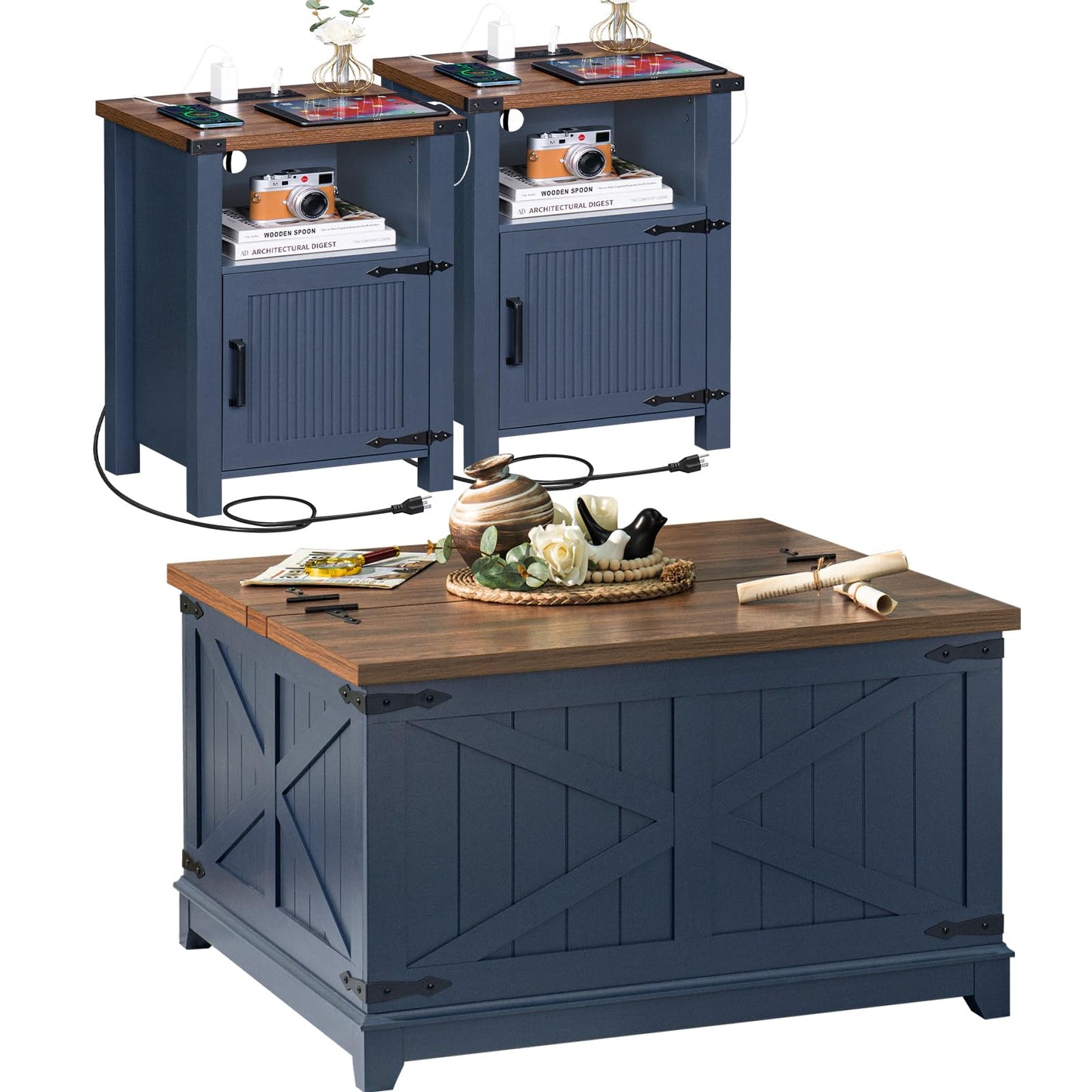 Joaxswe Night Stand Set of 2, 18 Inch Farmhouse Nightstand with with Charging Station and USB Port, Rustic Couch End Table with Magnetic Door, Wood Bed Side Tables for Bedroom, Home, Navy Blue
