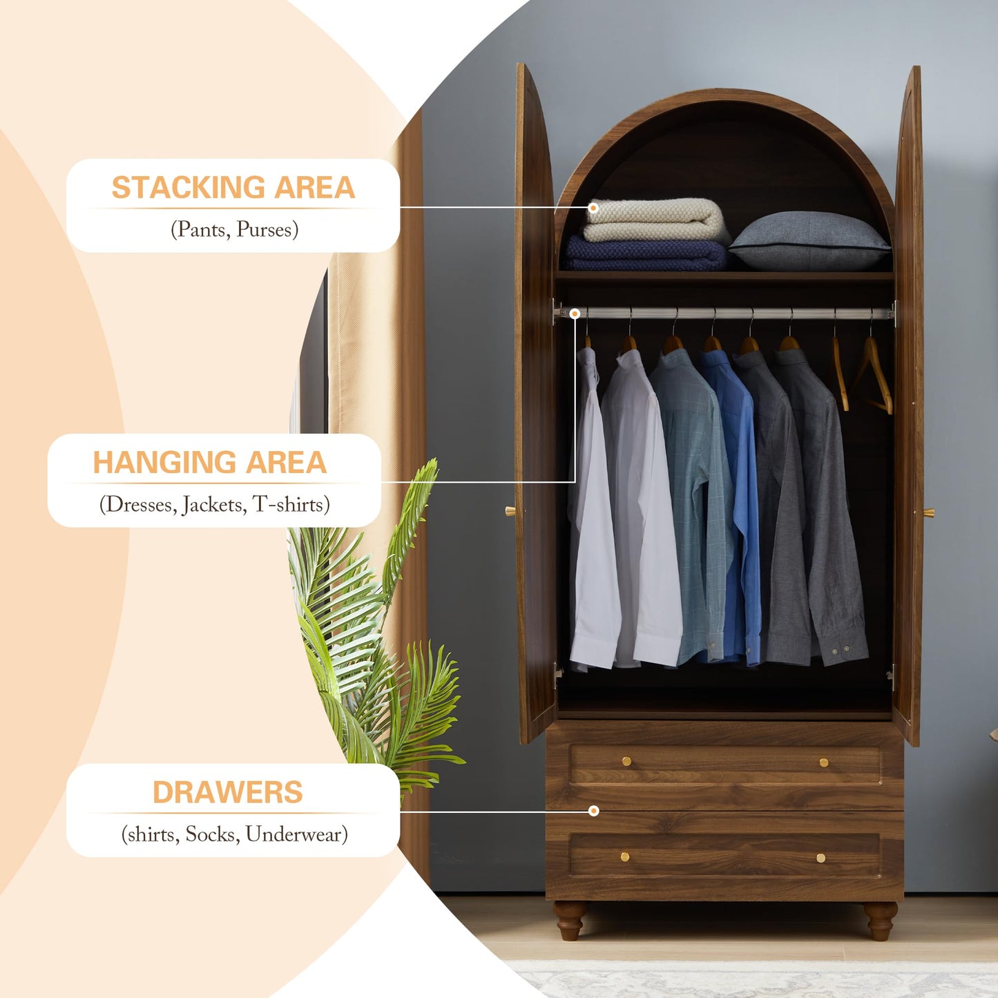 YUCHIATH Arched Armoire Wardrobe Closet with 2 Rattan Doors, Wooden Wardrobe Closet with 2 Drawers, 74.8 "H Bedroom Armoires with Hanging Rod (Walnut1)