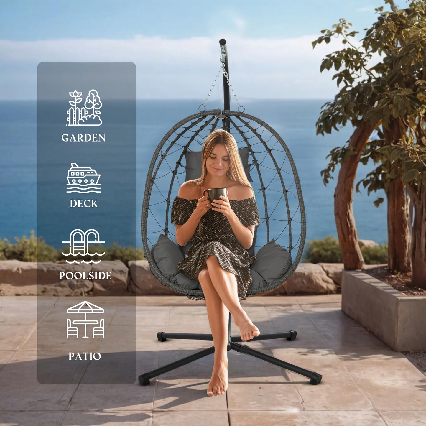 Hanging Egg Chair with Stand Egg Chair Indoor Outdoor, Patio Swing Hammock Egg Chairs, UV Resistant Removable &Washable Thicken Padded Cushions, 350LBS Capacity for Bedroom, Balcony, Garden, Dark Grey