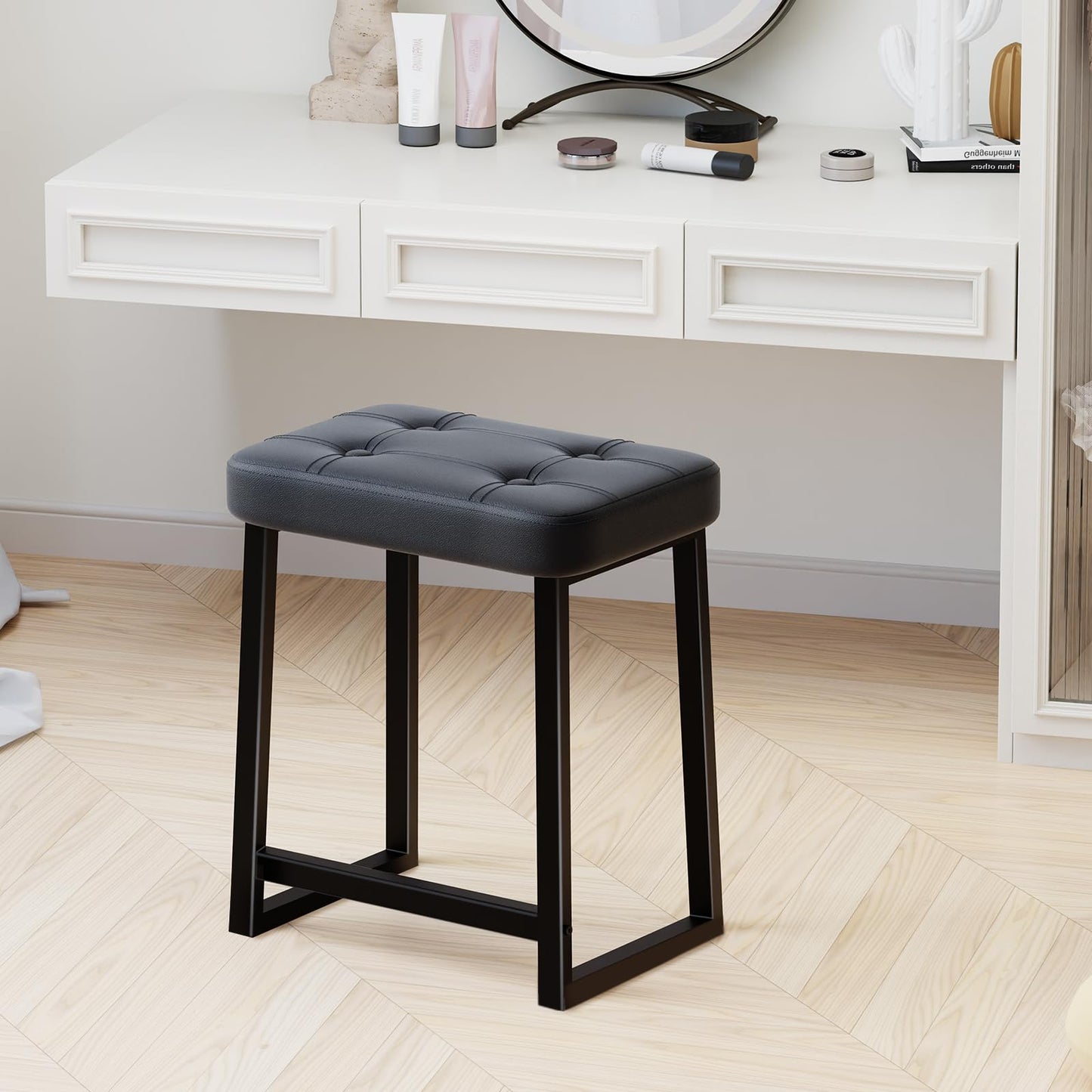 iTsst Vanity Stool Chair, Makeup Stool for Vanity,Small Ottoman Footrest for Bathroom, Bedroom, Living Room, Entryway, Offices，Leather &Metal Legs with Anti-Slip Feet, Black