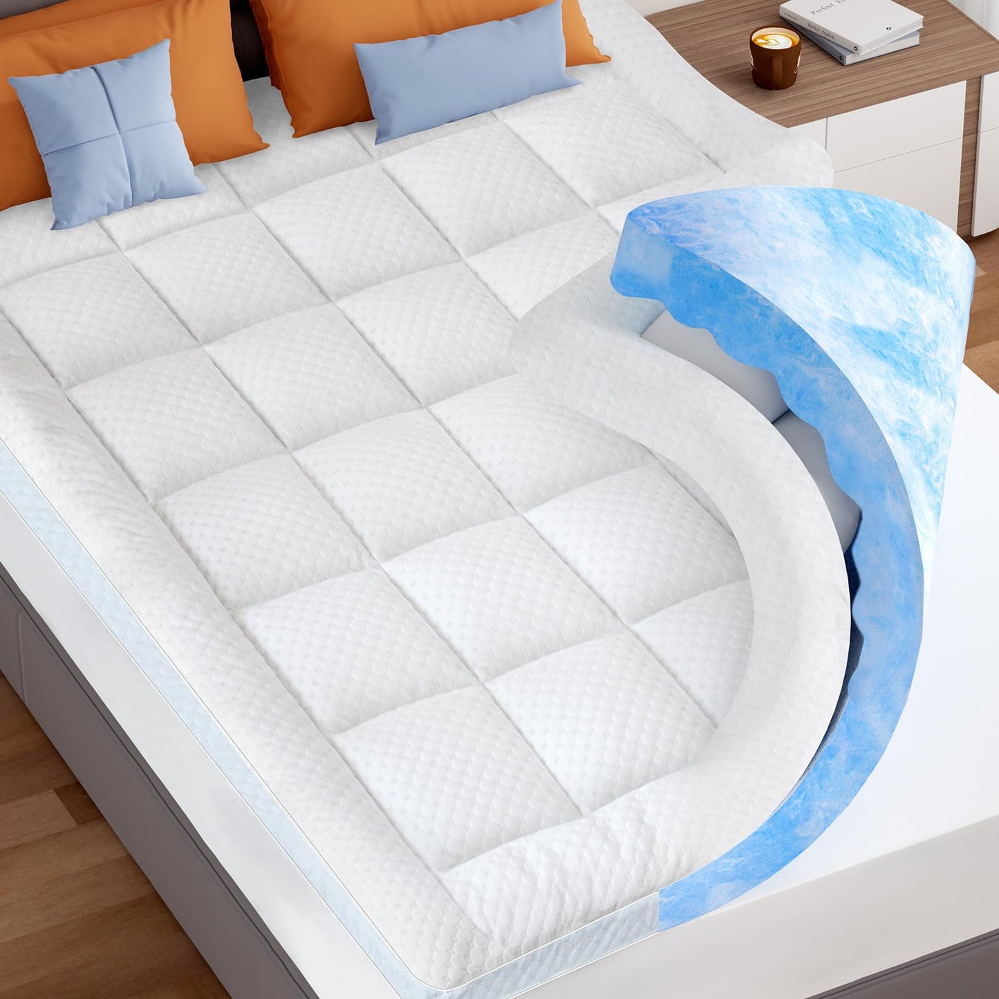 KAYFIA Dual Layer 3 Inch Memory Foam Mattress Topper Queen, 2 Inch Cooling 7-Zone Gel Memory Foam Plus 1 Inch Down Alternative Pillow Top Mattress Topper, with Deep Pocket, Support for Back Pain