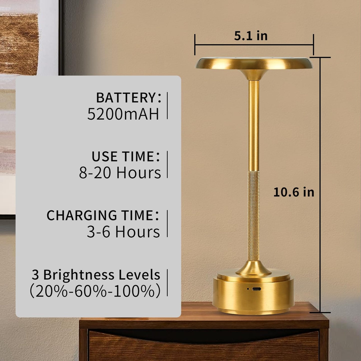 HAPYGI 5200mAh Rechargeable Cordless LED Table Lamps Touch Sensor Light, 3-Levels Portable Dimming Wireless Battery Operated Lamp,Night Light/Restaurant Table/Outdoor/Coffee/Bar (Gold)