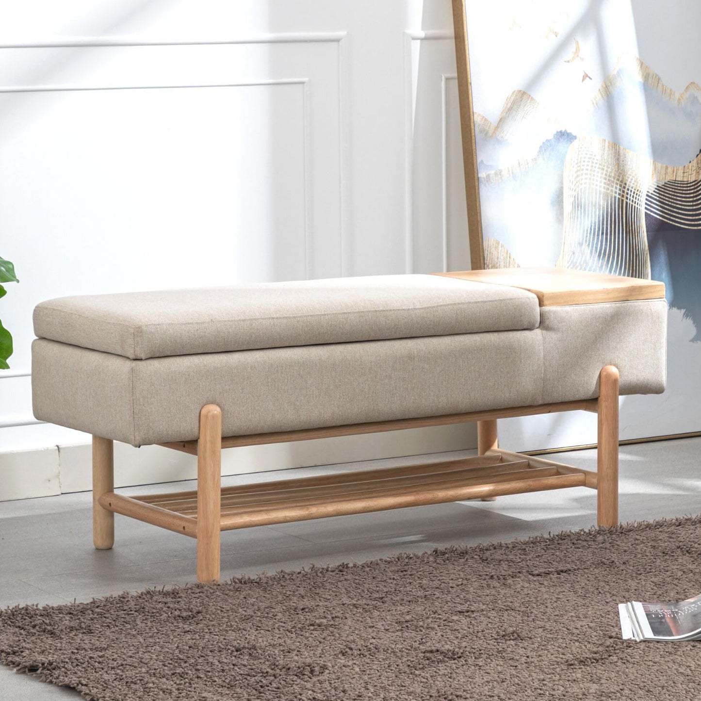 ROCITY Linen Fabric Bench for Bedroom End of Bed Beige Upholstered Storage Ottoman Bench with Cushion Seating for Living Room Entryway, Wood Legs
