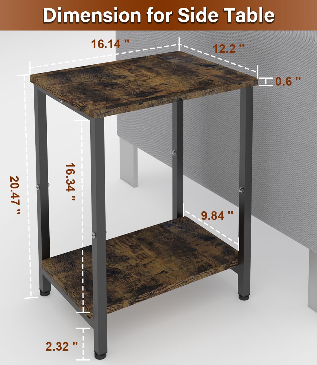Tigerden 2 Tier Side Table, Heavy Duty End Table with Shelves, Narrow nightstand Table for Small Spaces, Record Player Table for Bedroom, Living Room, Sofa Couch - Rustic Brown & Black