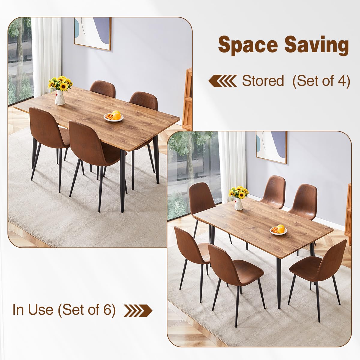 Rejeke 59"-75" Extendable Dining Table Set for 6,Wood Dining Room Table Set for 6,Mid Century Rectangular Kitchen Table with 6 Upholstered Chairs for Home (Easy Assembly,Space-Saving)