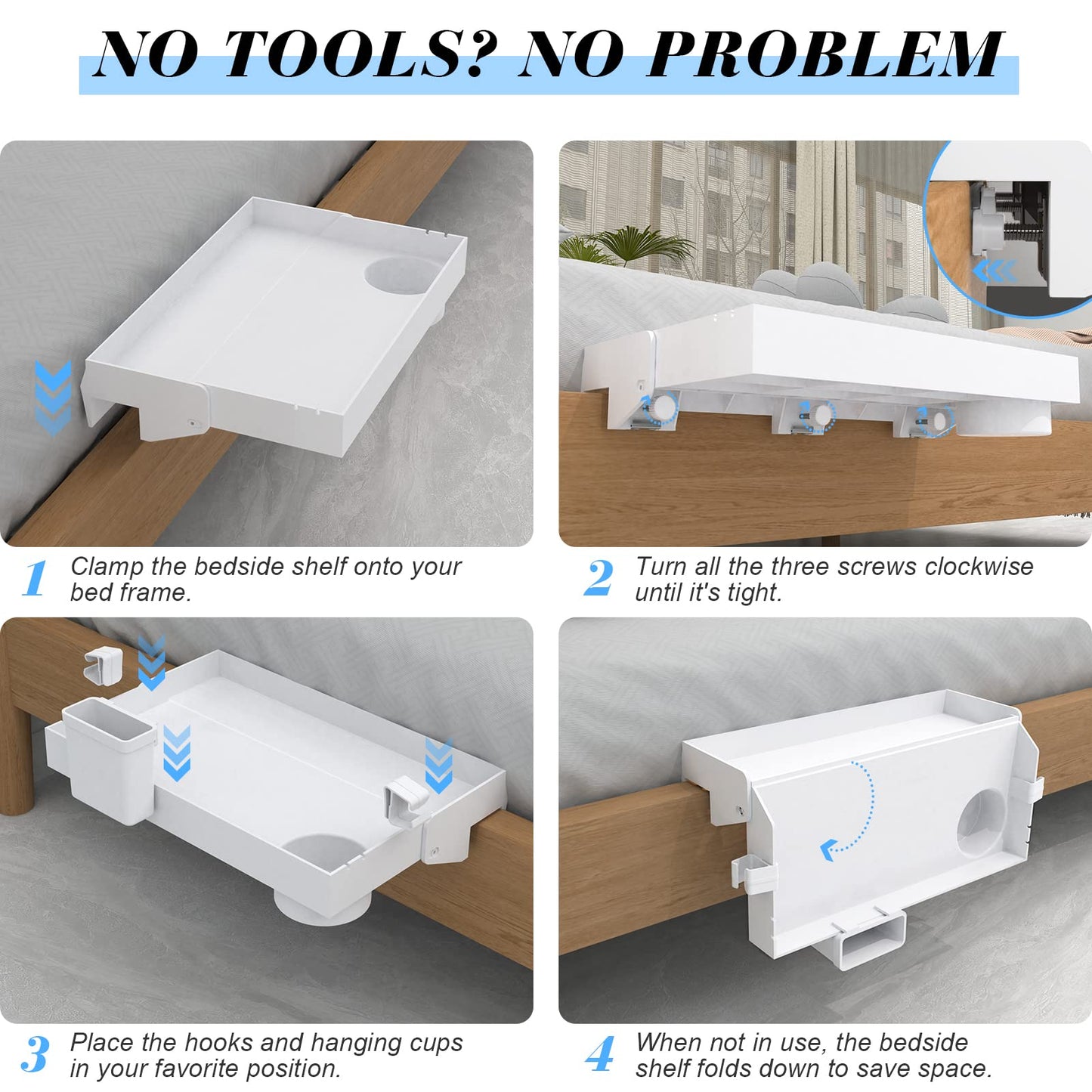 Ronlap Folding Bedside Shelf Bunk Bed Shelf Organizer for Top Bunk Clip On Bed Side Shelf Tray for College Dorm Loft Plastic Bedside Nightstand with Cup Holder, Small Size, White