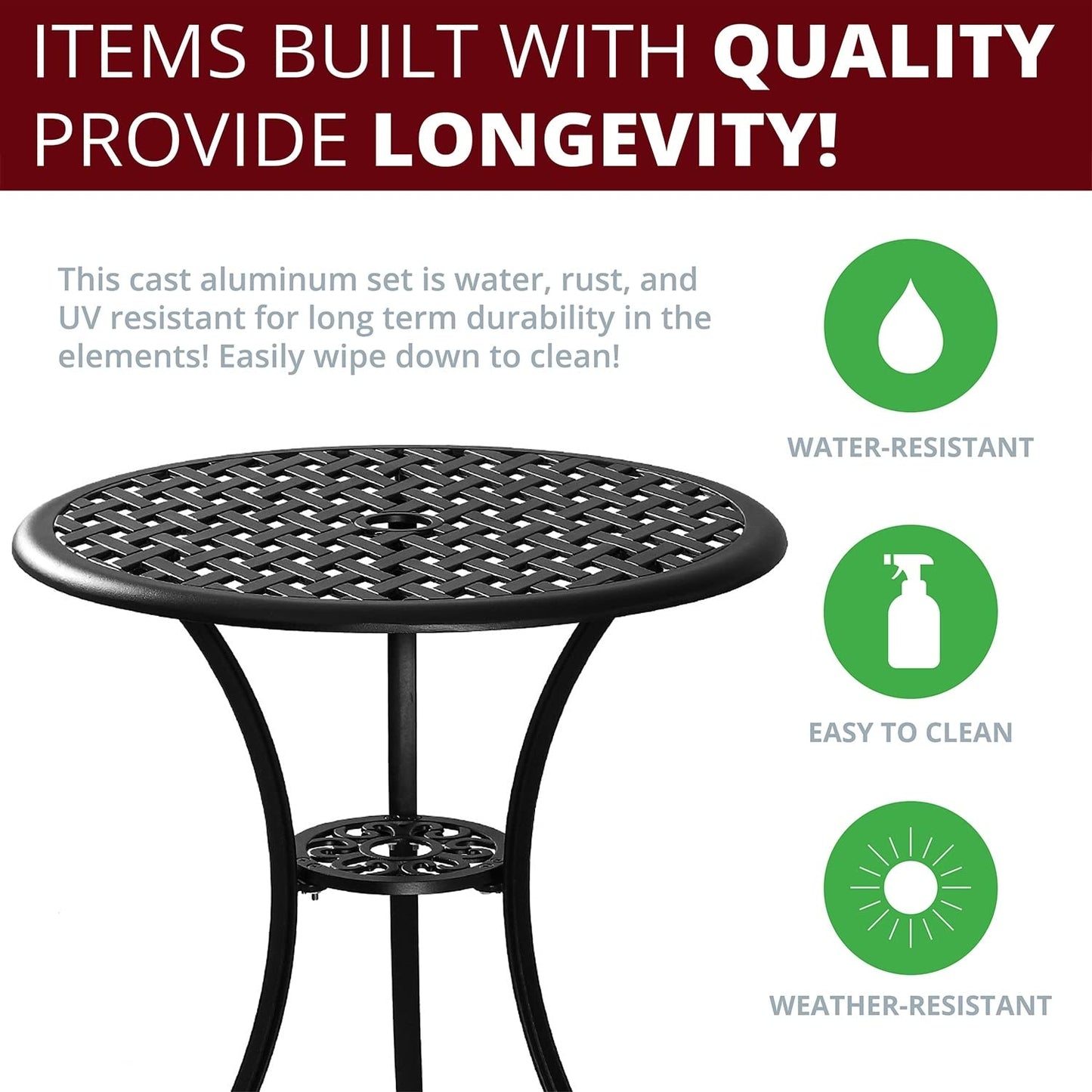 Kinger Home Ekta 24-Inch Patio Bistro Sets 3 Piece Cast Aluminum Bistro Table and Chairs Set with Umbrella Hole Bistro Set of 2 for Patio Backyard, Black