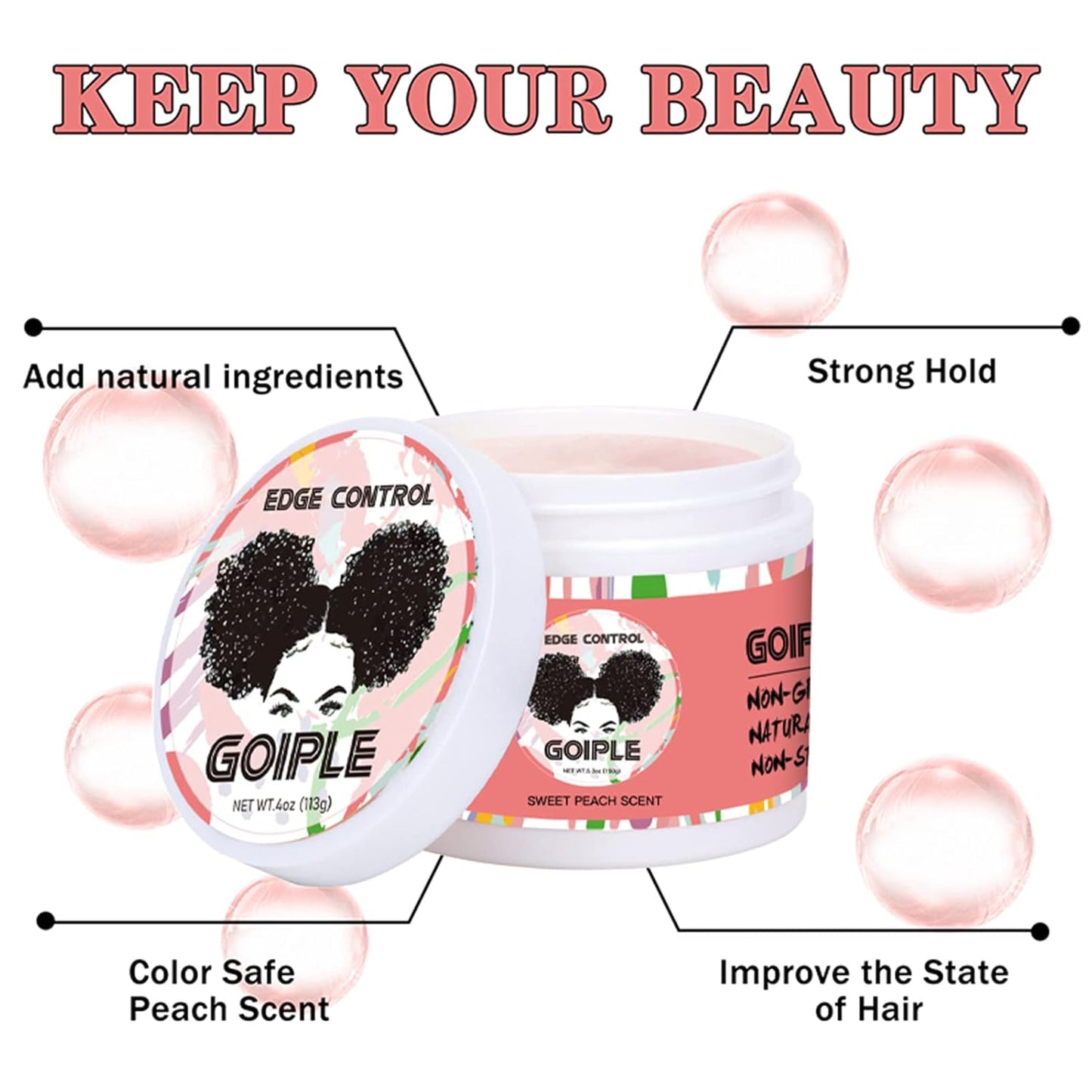 Edge Control Wax for Women Strong Hold Non-greasy Edge Control Smoother Edge Wax, Edge Wax Styling Gel Edge Control for Black Hair No Flaking, White Residue, Shine and Smooth 4oz (Sweet Peach)