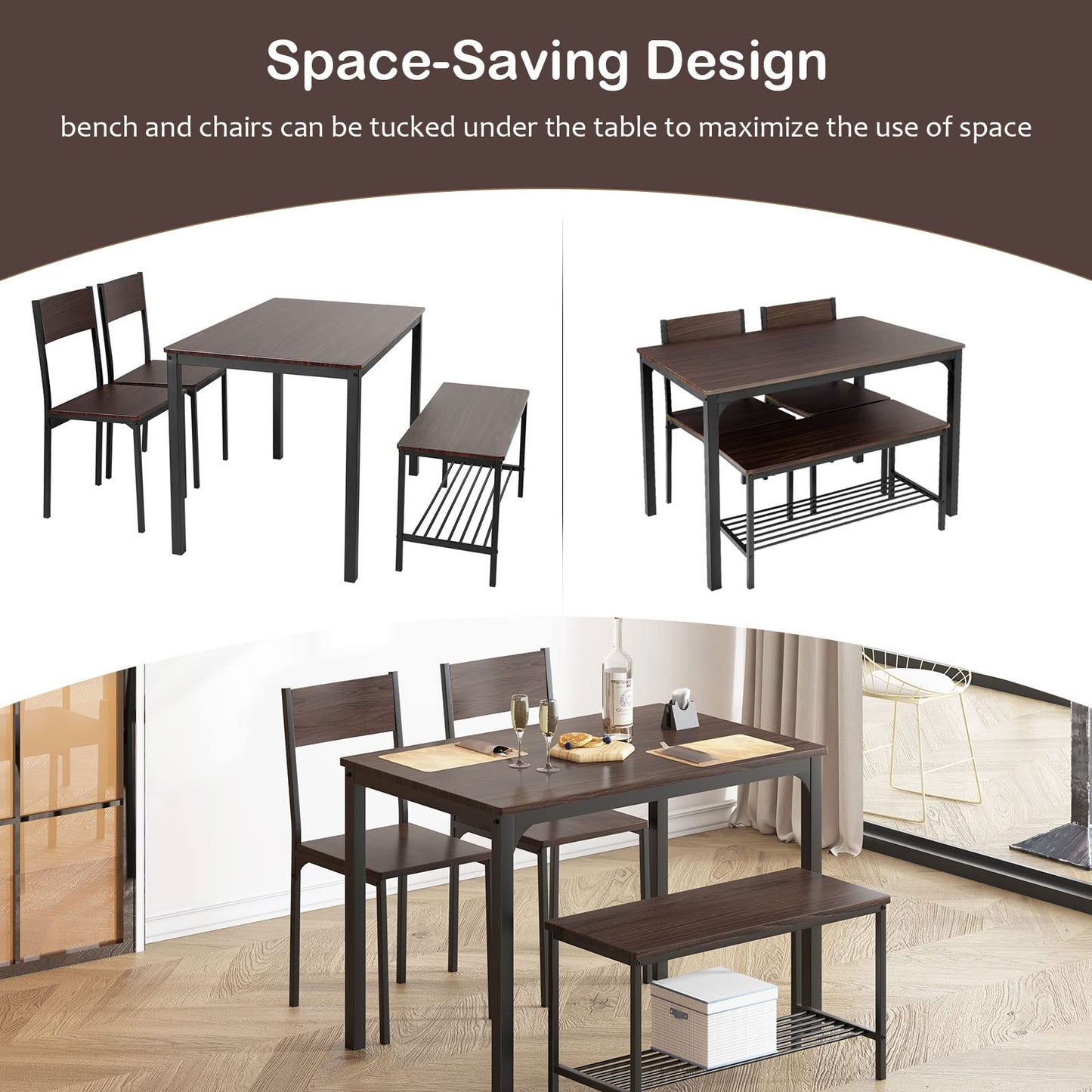 soges Dining Table Set for 4, 43.3 inch Kitchen Table Set with Chairs and Bench, 4 Piece Dining Room Table Set for Small Space, Apartment, Restaurant, Rustic Oak
