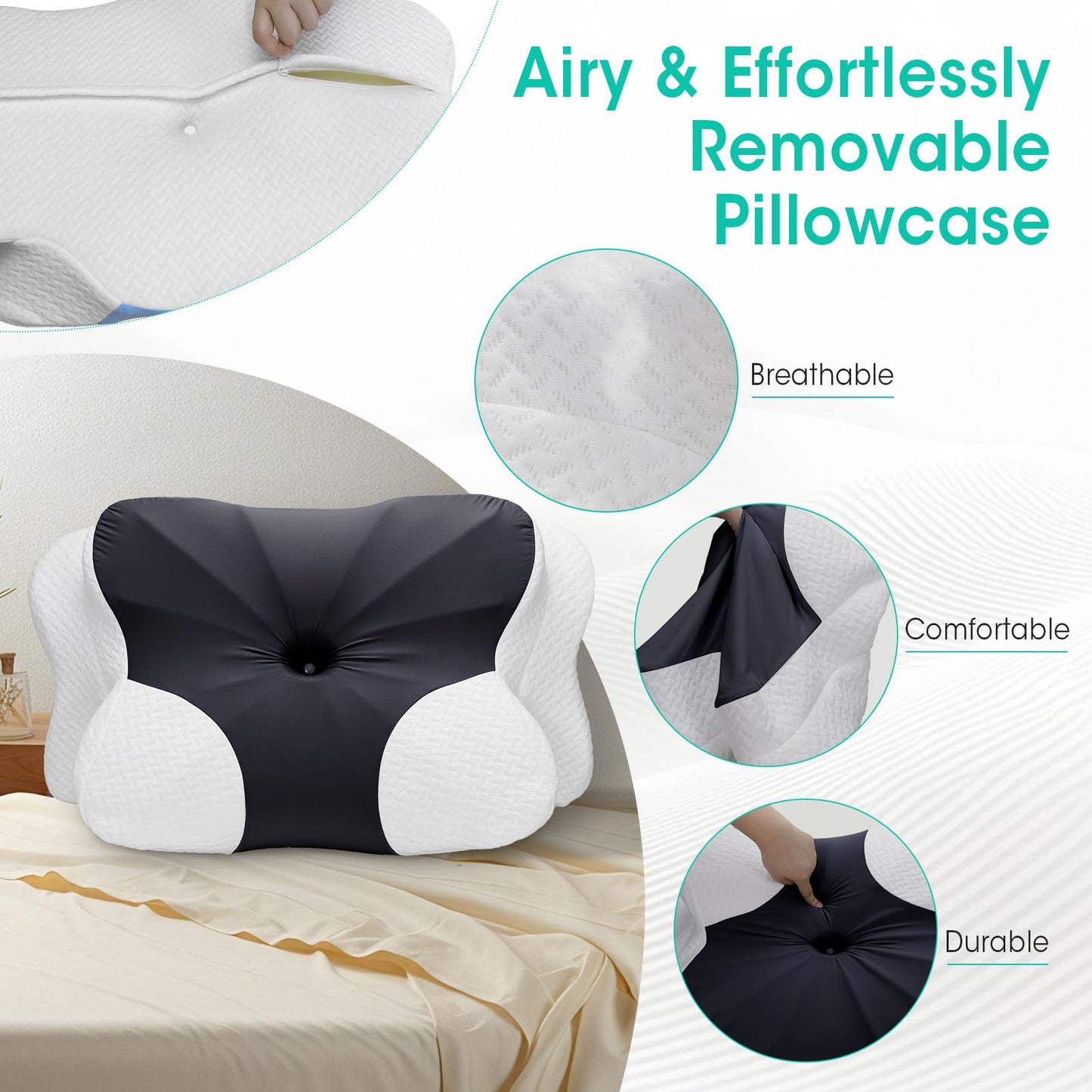 Ergonomic Cervical Pillow for Pain Relief - Adjustable Contour Memory Foam Pillow for Side, Back, Stomach Sleepers, Cooling Pillow for Neck and Shoulder, Breathable Bed Pillow with Removable Cover