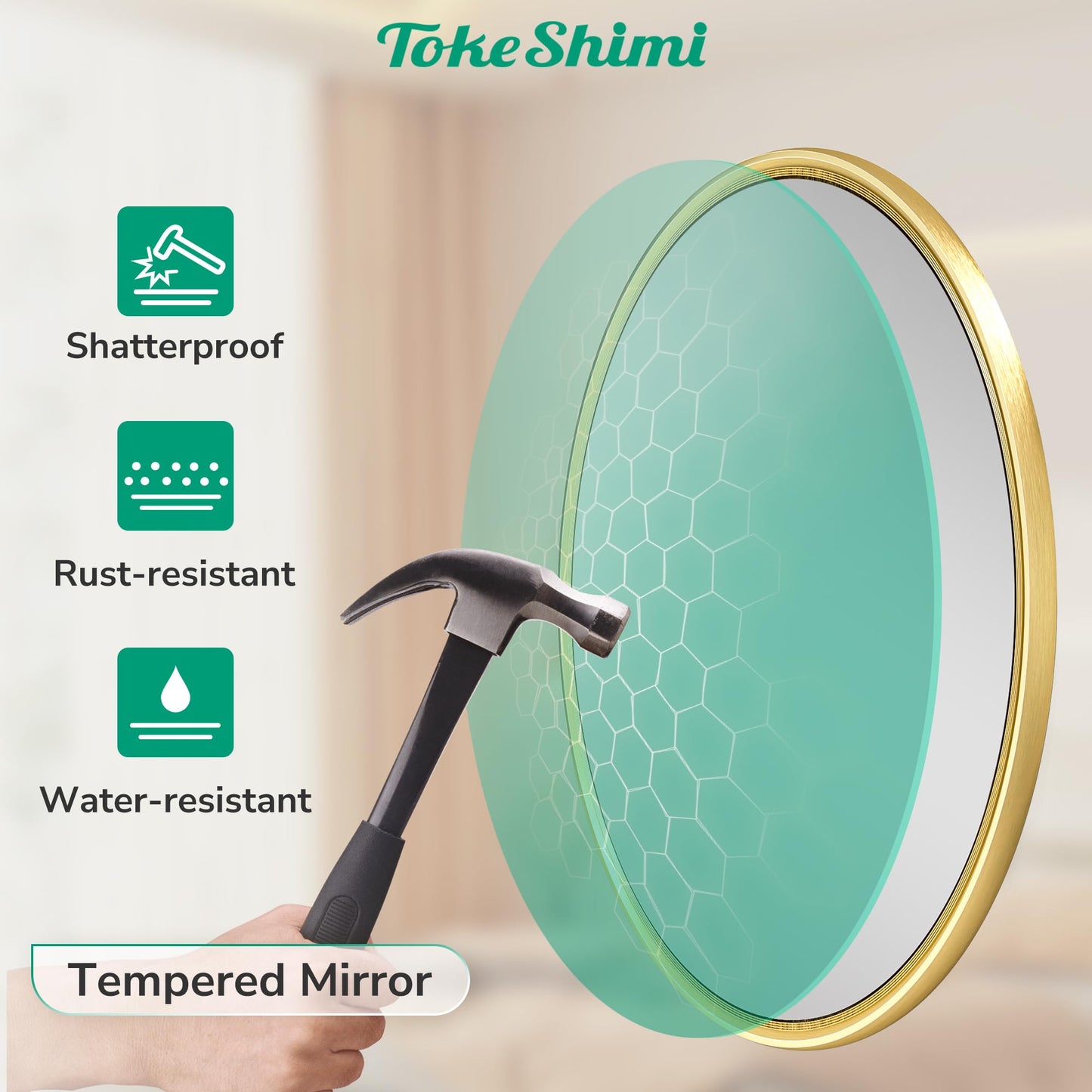 TokeShimi 40 in Brushed Gold Round Wall Mirror Tempered, Framed Mirror Shatterproof, 40x40 Bathroom Vanity Mirrored Circle Farmhouse Metal Wall Mirror for Entryway, Bedroom, Restroom, Living Room