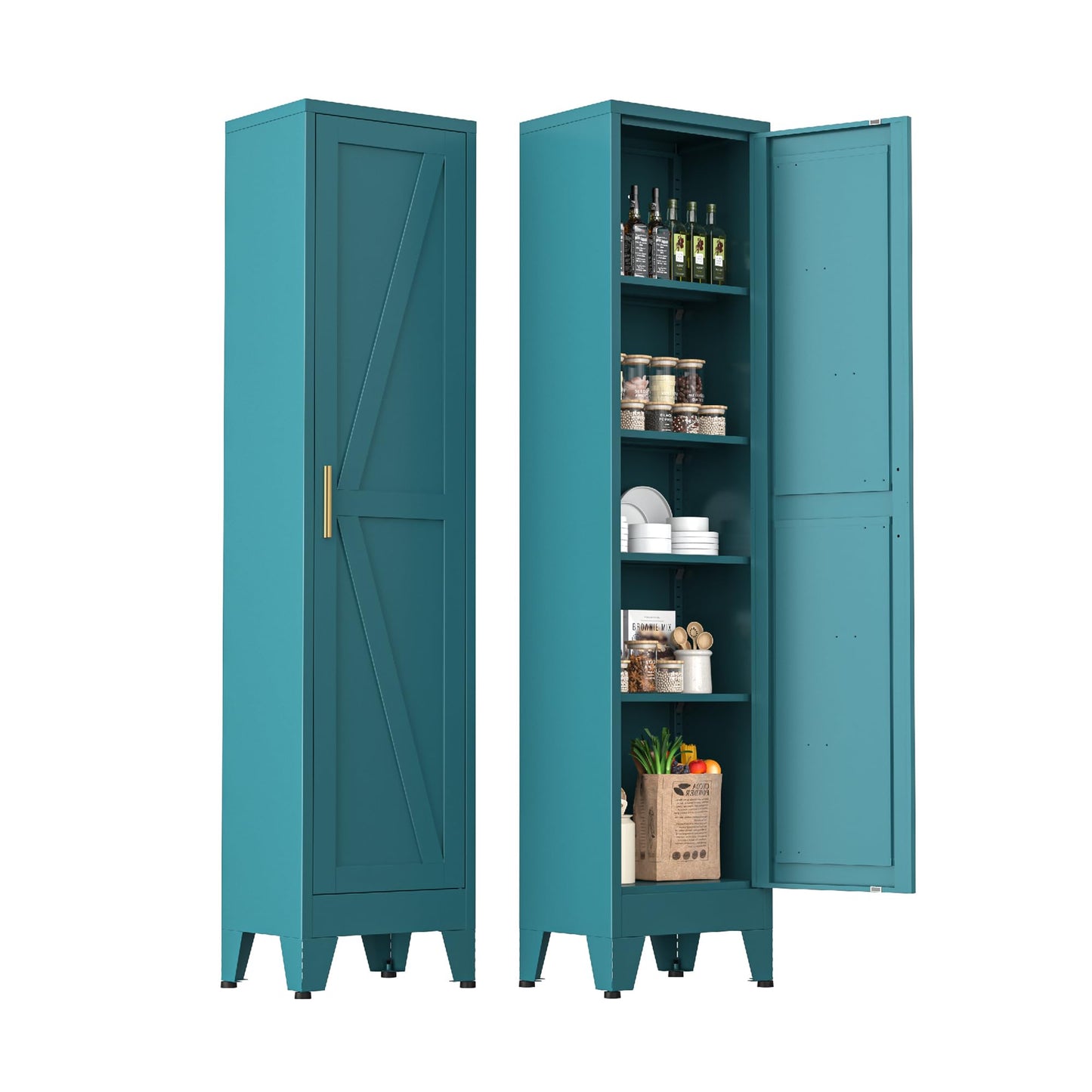 Narrow Bathroom Cabinet, Metal Storage Cabinet with 4 Adjustable Shelves and 2 Barn Doors,Tall Kitchen Pantry for Living Room, Home Office, Dining Room,Blue