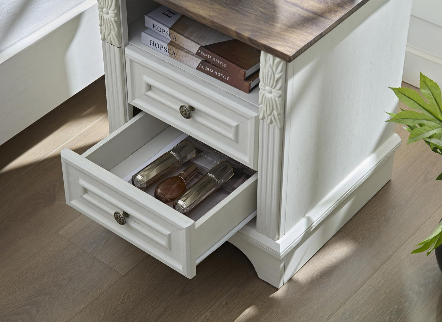BLANKSPACE Nightstand with Charging Station, Farmhouse End Side Table, Smart LED Night Stand,Bedside Cabinet for Bedroom, Living Room (Antique White)