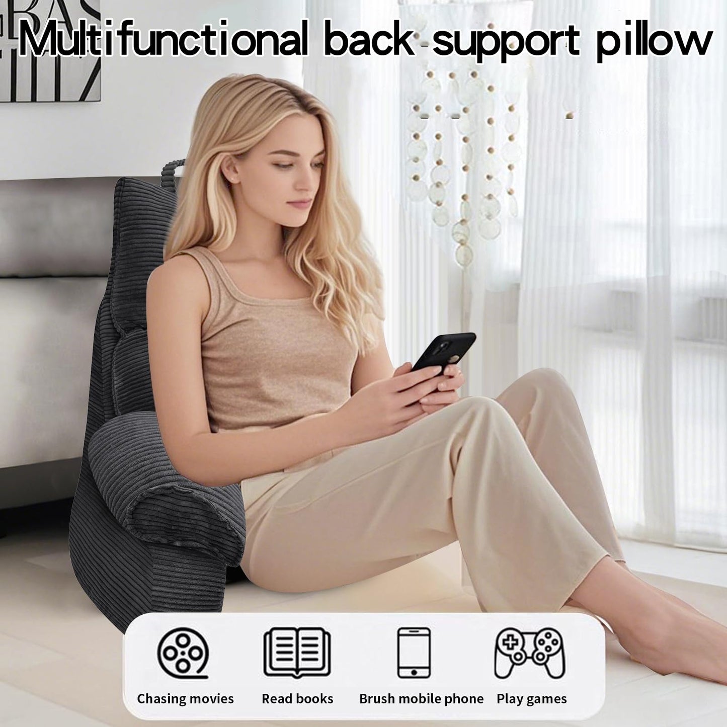 RRPAHWTV Reading Pillow for Bed with High Arm Rests ,Back Support Pillow for Sitting Up in Bed with Shredded Memory Foam for Reading, TV, Gaming or Relaxing on Floor（Grey Black, Large）