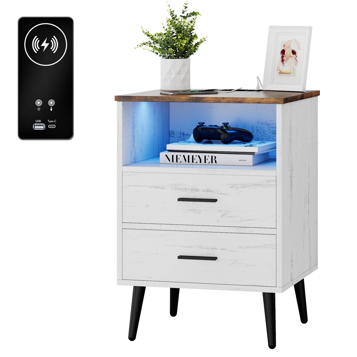 Lareth Nightstand with Charging Station and LED Lights, 25.6" H x 15.7" D Farmhouse Wooden End Table with 2 Drawers, Smart Bedside Table for Bedroom, Small Space, Antique White