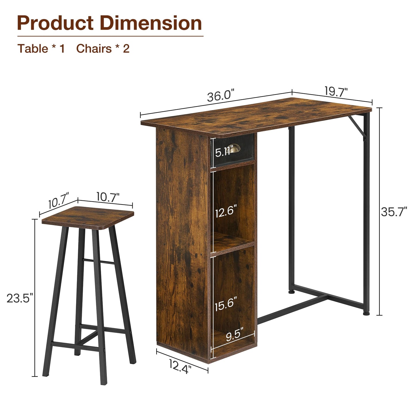 IDEALHOUSE 3-Piece Dining Table Set for 2， Kitchen Table and Chairs with Storage Drawer & Shelf – Compact Kitchen Table and 2 Bar Stools, Perfect for Small Kitchens, Apartments, Brown