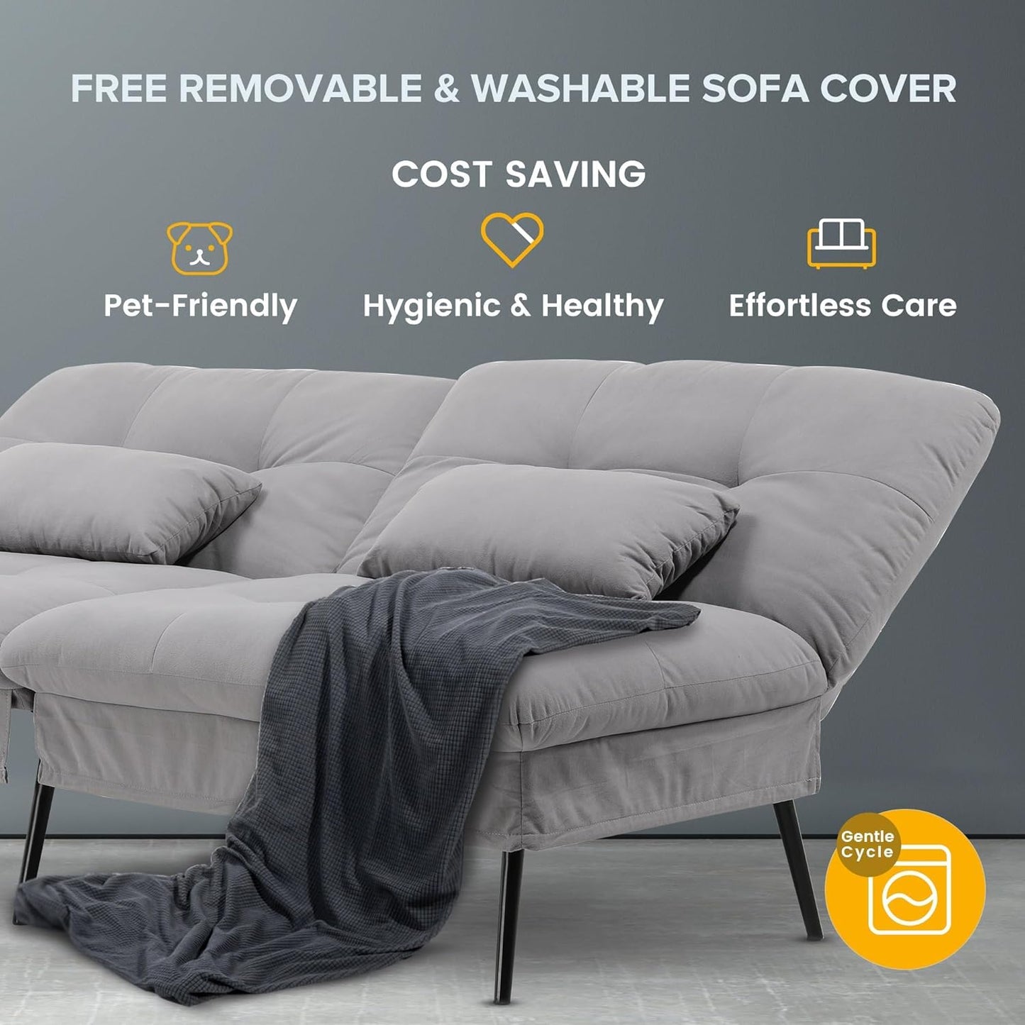 COMHOMA Convertible Sofa Bed,68″Fabric Couch with Adjustable Backrest,Loveseat Recliner Sleeper Living Room Furniture futon Set (Grey)