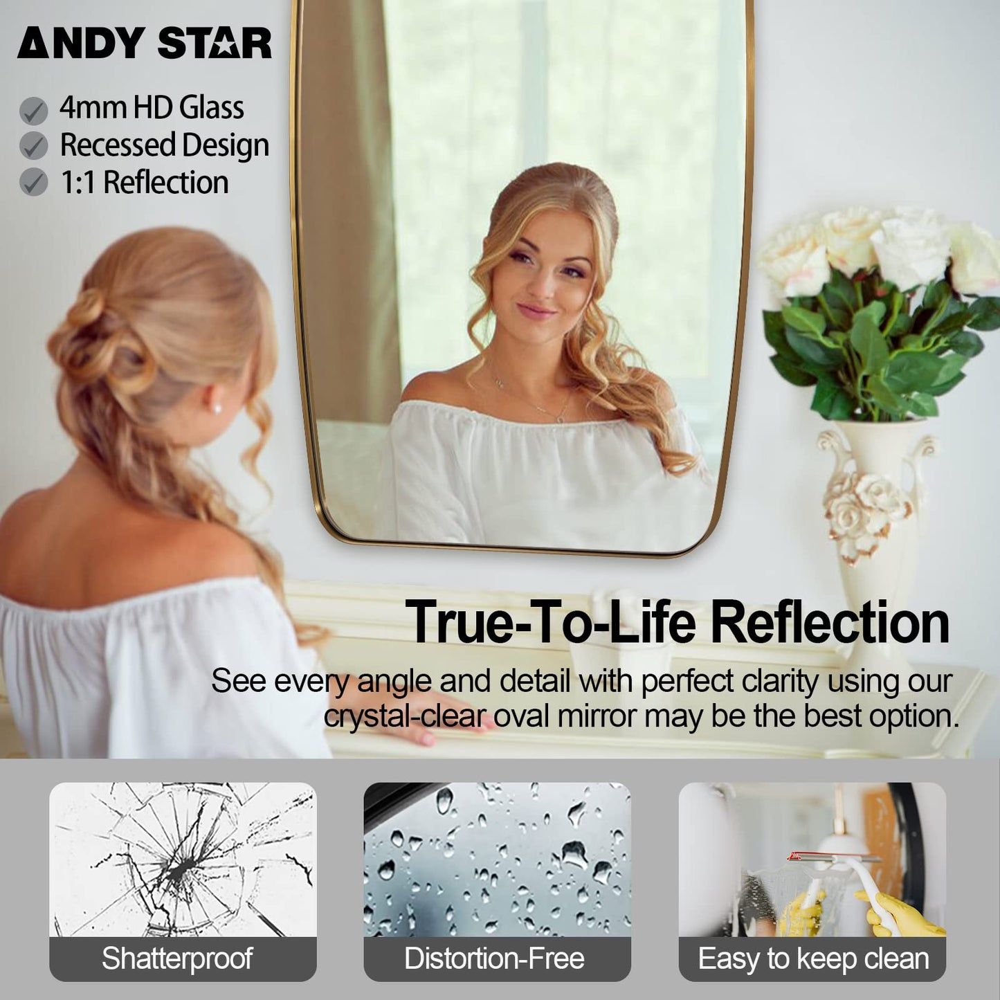 ANDY STAR Gold Oval Mirrors for Bathroom, Large 24x40’’ Brushed Gold Metal Framed Oblong Wall Mirror, Modern Gold Vanity Mirror in Stainless Steel Frame Wall Mount Horizontal or Vertical