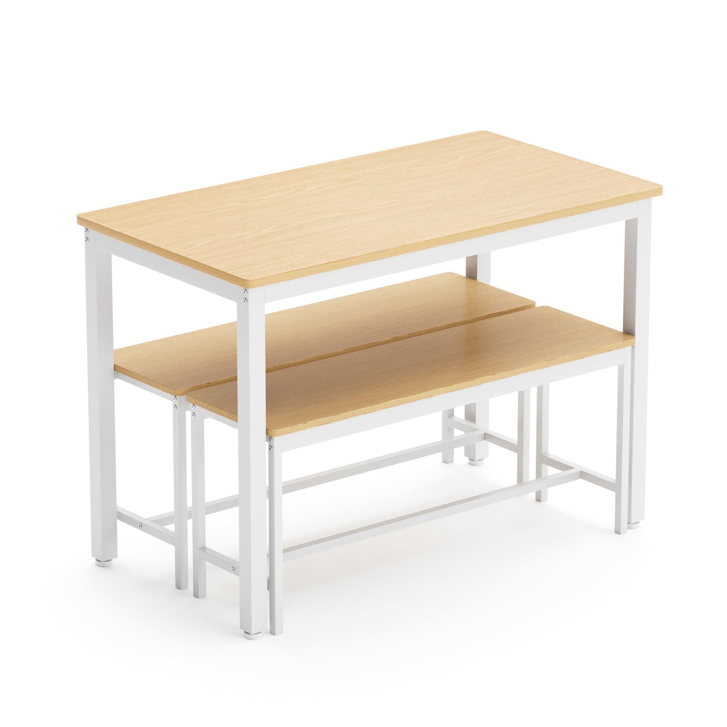 hausway Bar Table and Chairs Set for 4,3 Pieces Rectangle Bistro Table with Dining Benches,Industrial Kitchen Counter Breakfast Table Set for Restaurant,43.3″L x23.6″W x 29.9″H (White Natural)