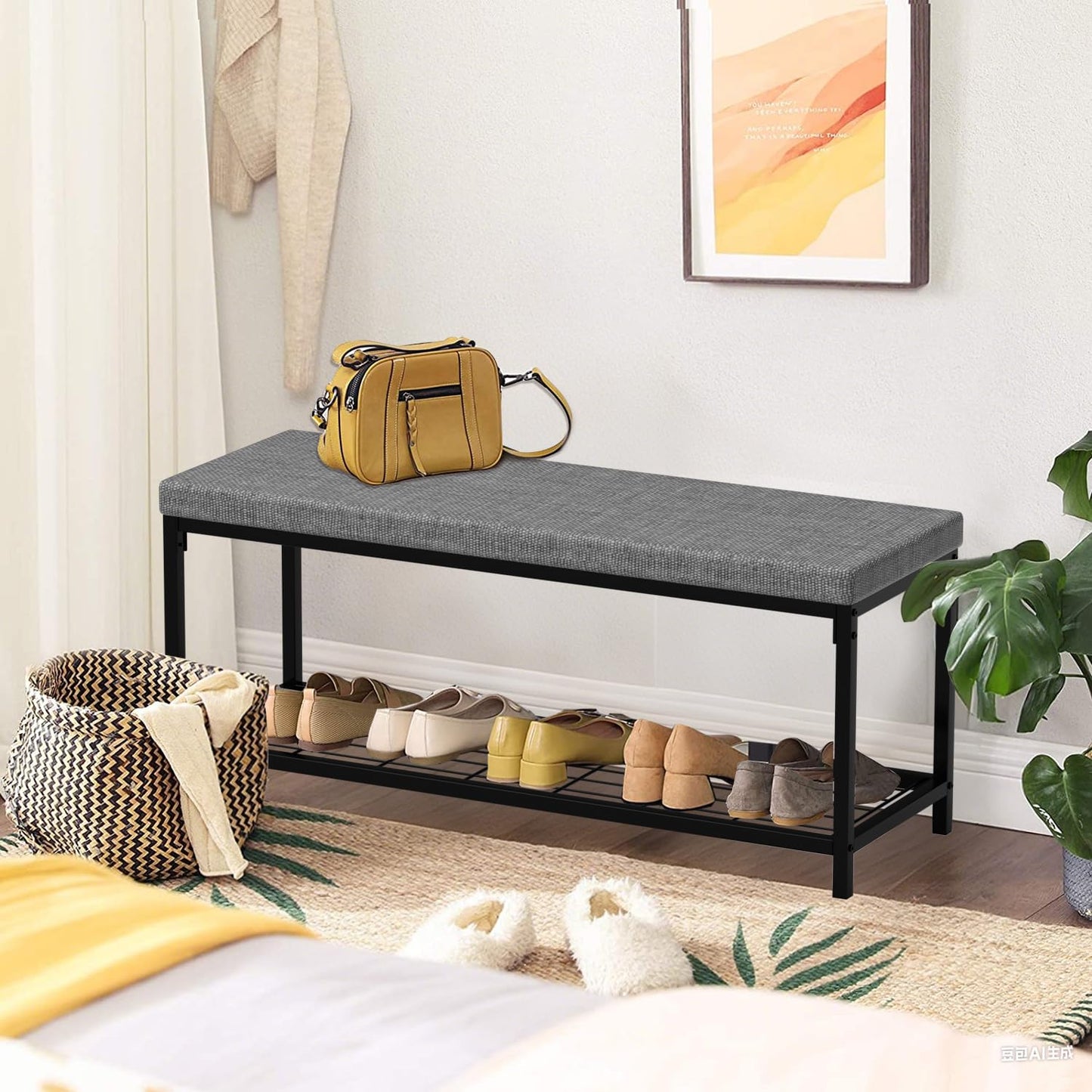 Masigle Shoe Bench, Entryway Bench with Cushion Seat, Shoe Rack Bench with Storage, Modern Style, Holds Up to 350 lb, for Living Room, Bedroom, Hallway, Grey