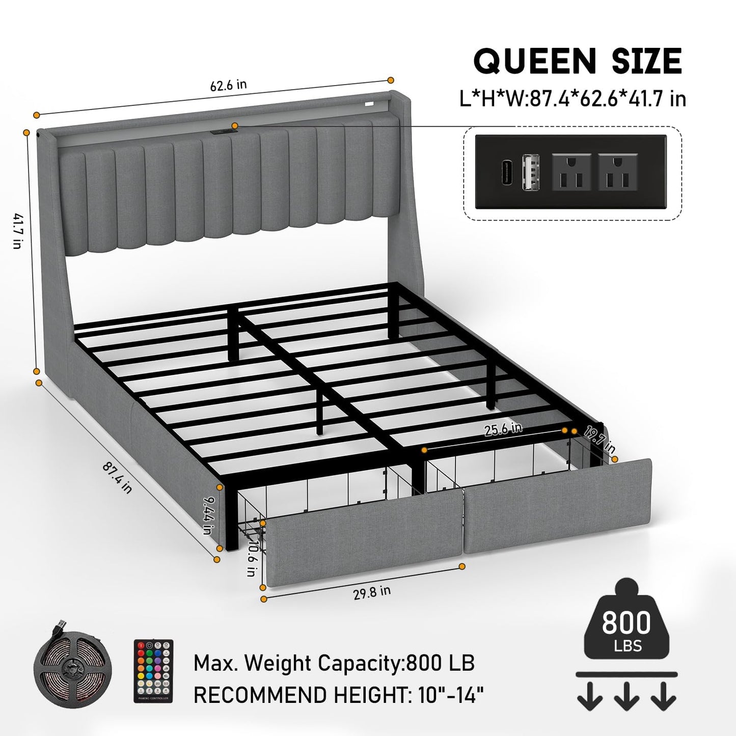 Queen Bed Frame with Headboard and 2 Storage Drawers, Platform Bed Frame Queen Size Upholstered with LED Lights and Charging Station, Steel Slat Support, No Box Spring Needed, Easy Assembly, Gray