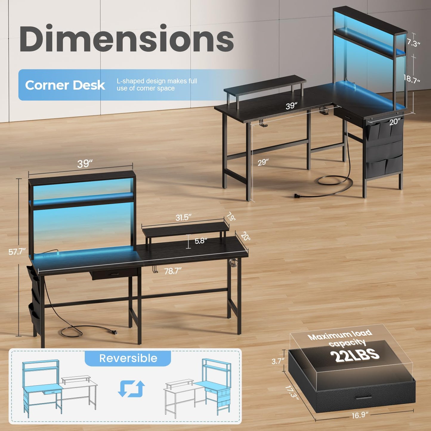 HLDIRECT L Shaped Gaming Desk with LED Light & Power Outlet, 59 Inch Reversible Corner Computer Desk with Storage Shelves & Drawer & Bag, Game Table with Hutch Monitor Stand, Home Office, Black