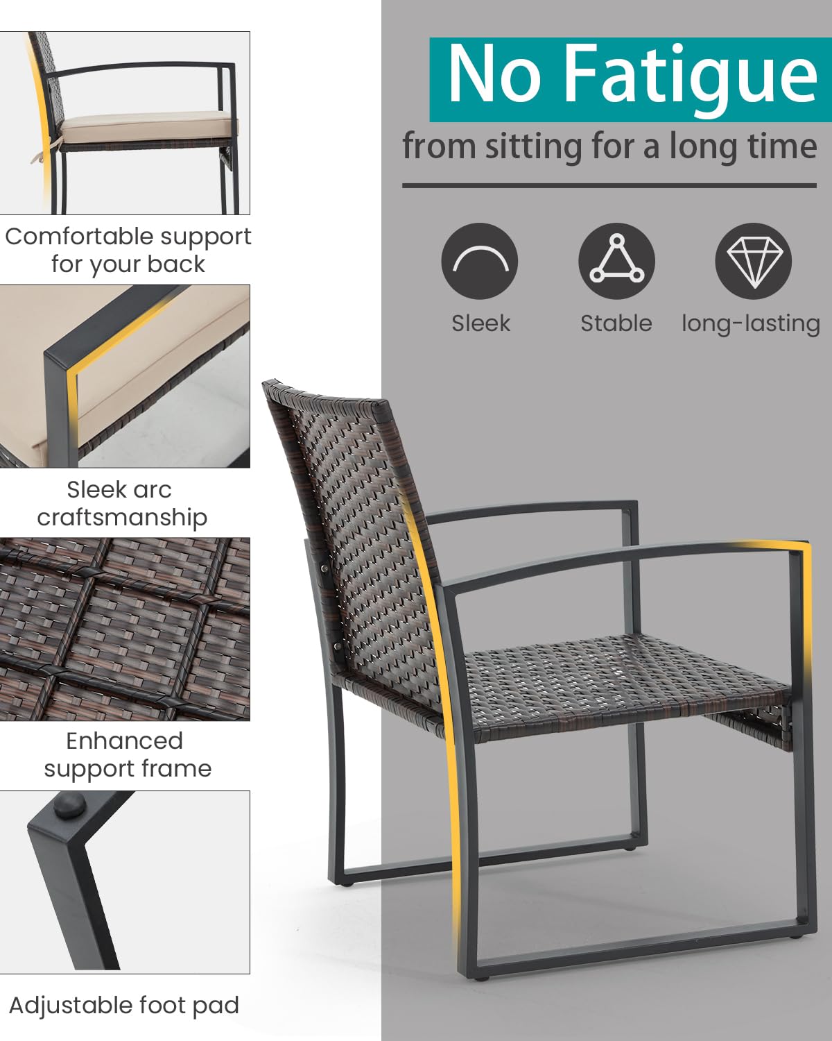 Bezseller 3 Pieces Patio Furniture Set, Outdoor Rattan Bistro Set with Coffee Table, Durable Steel Frame with Strapped Cushions for Garden, Balcony, Poolside, Backyard