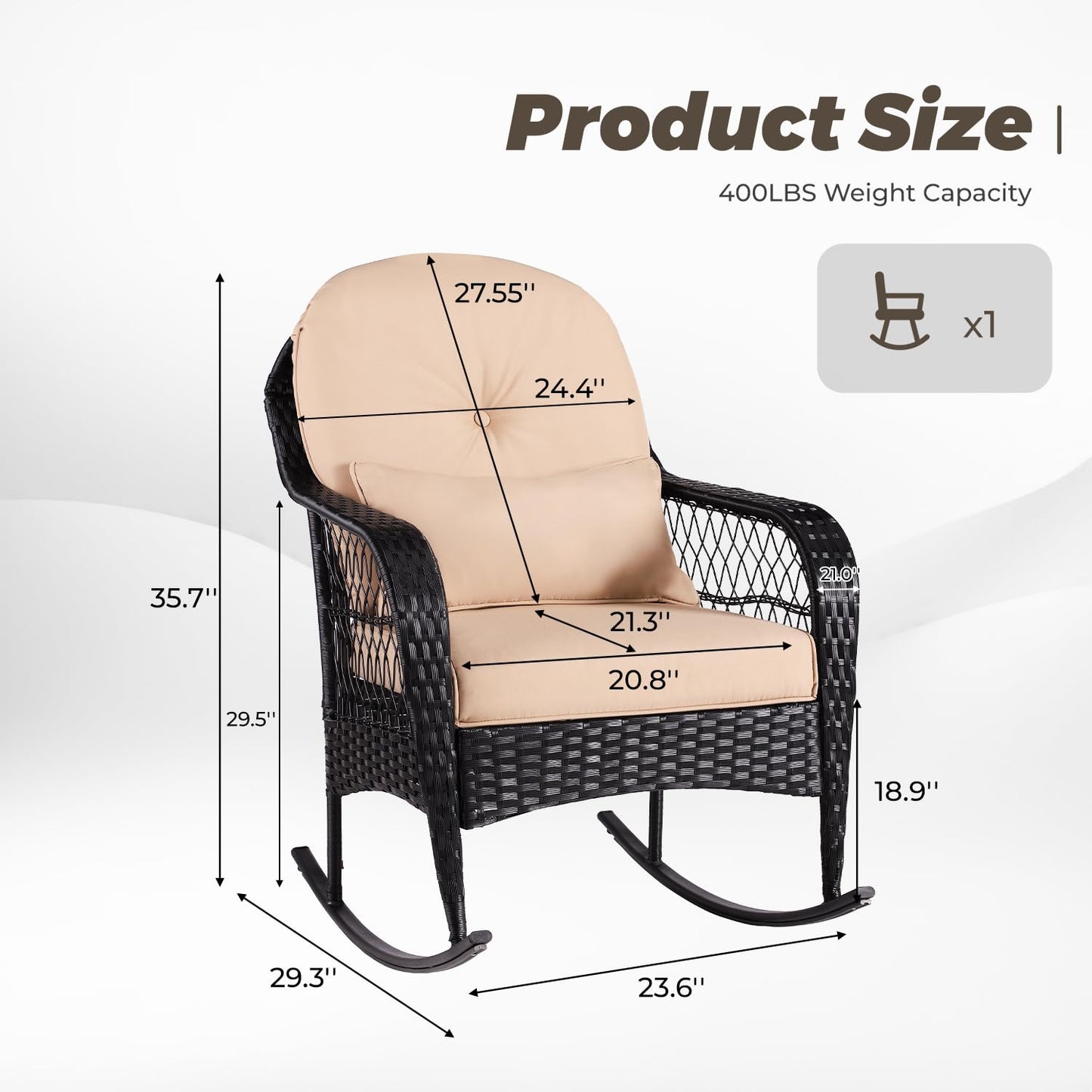 Outdoor Wicker Rocking Chair, PE Rattan Rocker with Seat Back Cushions & Waist Pillow, All- Weather Wicker Furniture for Porch, Backyard, Poolside, Deck (Wicker Chair(1 PC Khaki))