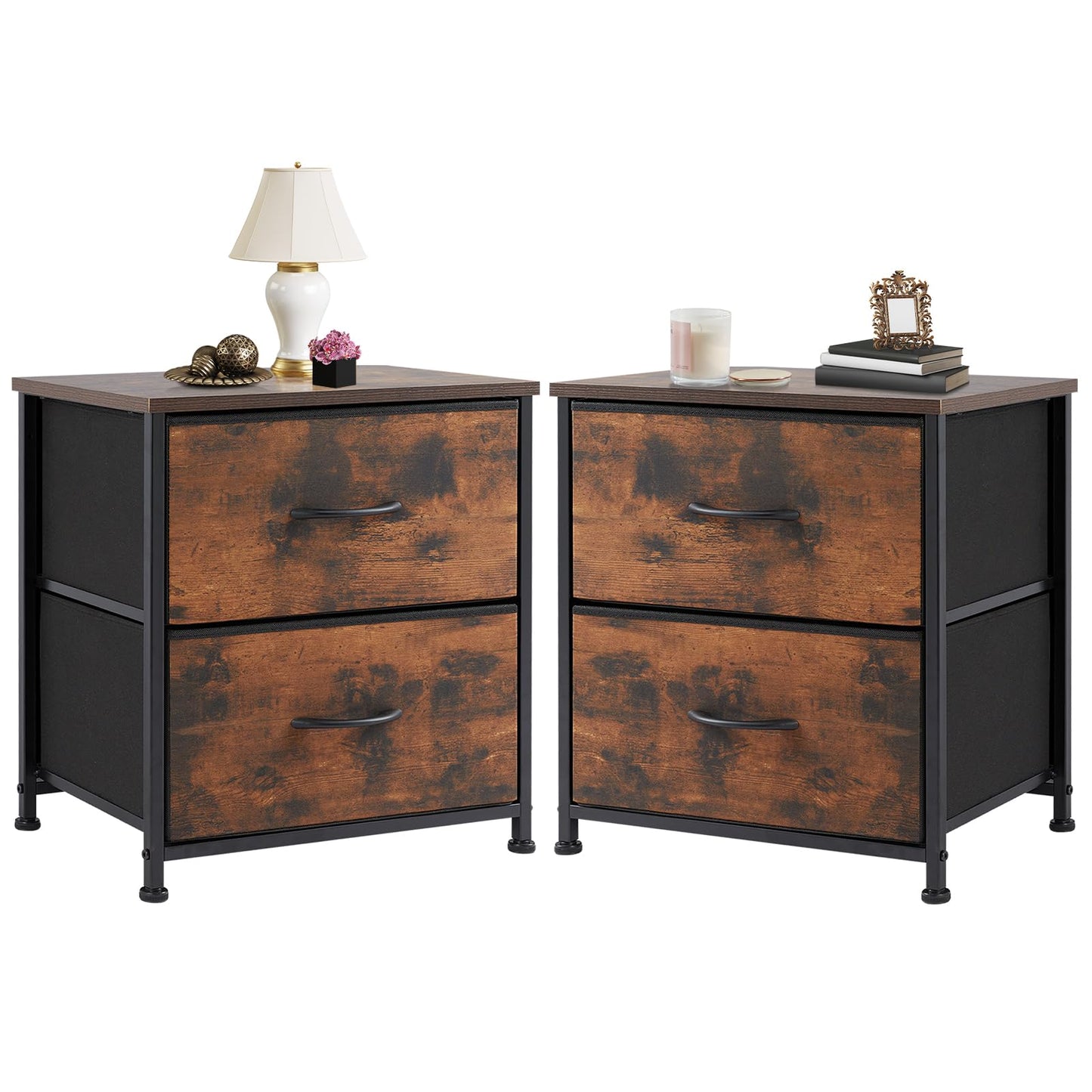 KMFurnila Rust Nightstands Set of 2 with Two Drawer Side Tables Living Room 2 Drawer Dresser Bedroom End Bedside Table Cabinet with Storage Night Stand, Wooden Top Metal Frame Handle, 20'' Tall