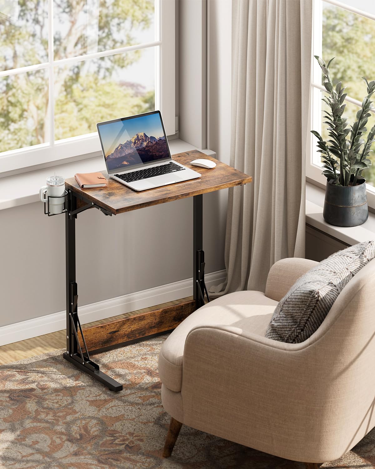 Tatub 24" Folding TV Tray Table Set of 4, Foldable C Shaped End Table for Couch, TV Dinner Tray with Cup Holder, Small Sofa-Side Laptop Desk for Living Room Bedroom, Light Brown