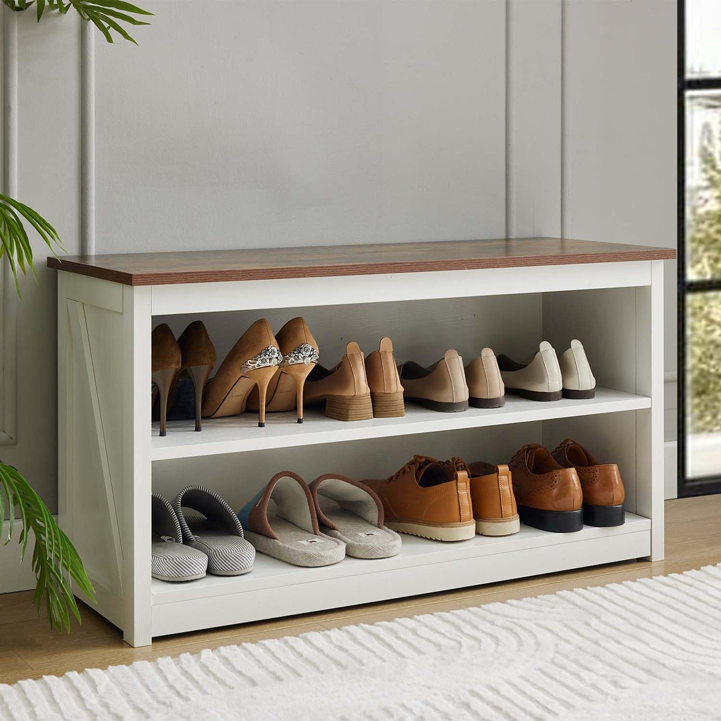 Entryway Bench with Shoe Storage, 2-Tier Shoe Shelf Organizer for Entryway, Wooden Shoe Rack for Home, Living Room, Hallway, White