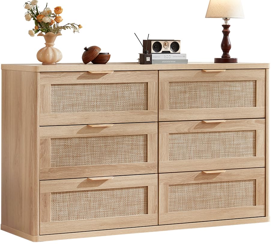 LEYAOYAO Rattan 6 Drawer Dresser for Bedroom, Boho 48" Wide Natural Wood Dresser Chest of Drawers, Dressers TV Stand with Metal Handle, Storage Dressers Closet Organizer for Living Room, Hallway