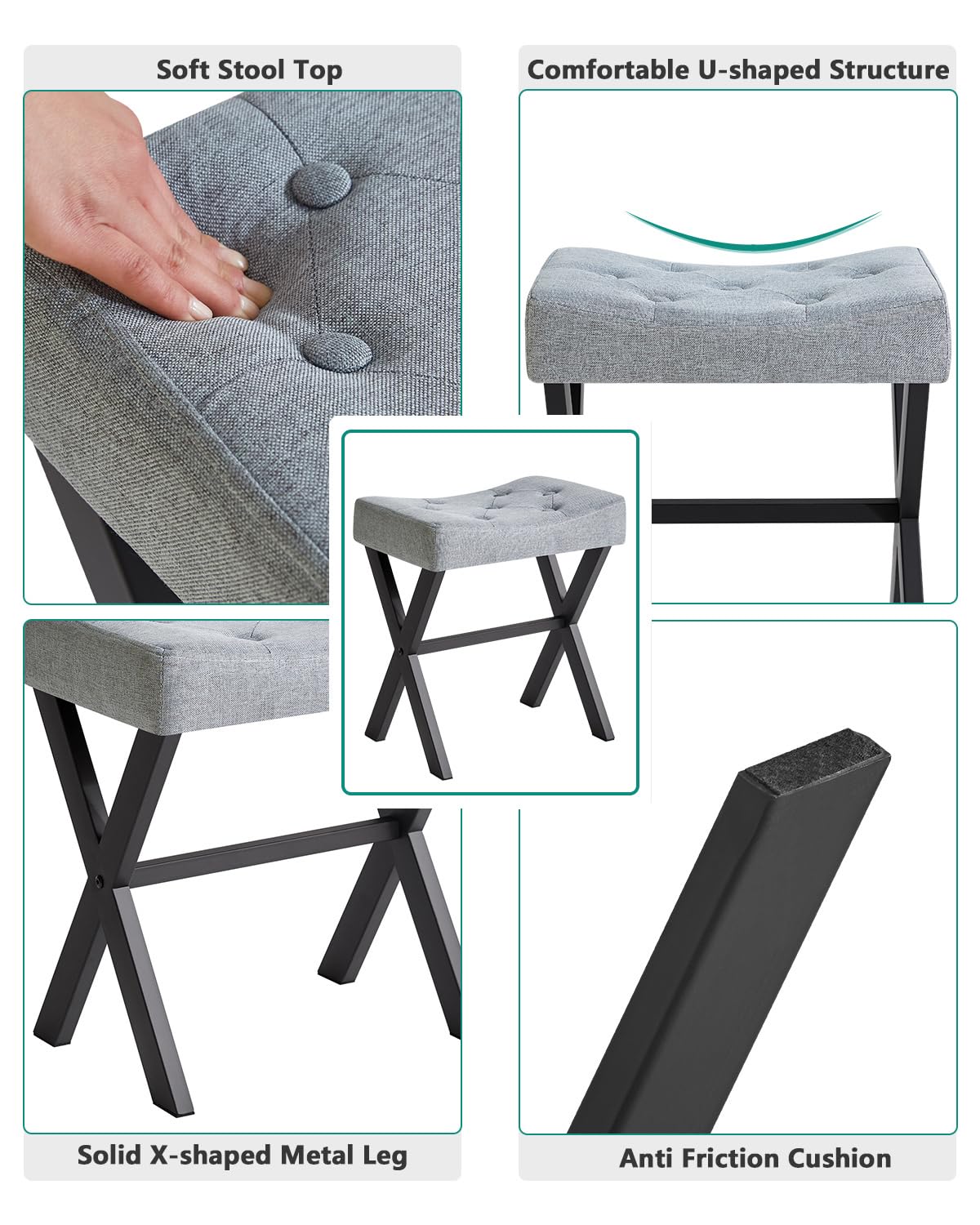 IBUYKE U-Shaped Linen Vanity Stool, Square Makeup Chair with X-Leg, Ottoman Seat Footrest Stool, Multi-Use as Small Side Table, for Bedroom, Living Room, Blue Gray WBD018L