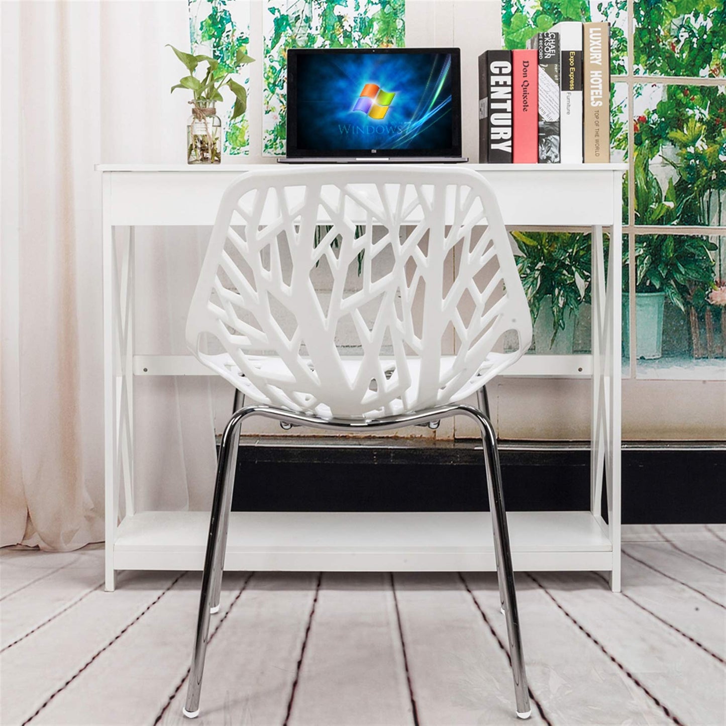 Karl home Mid Century Modern Dining Chairs Set of 4, Stackable Plastic Chair, Bird's Nest Trunk Pattern Suitable for Kitchen, Dining, Bedroom, Living Room,350lbs Capacity(White)