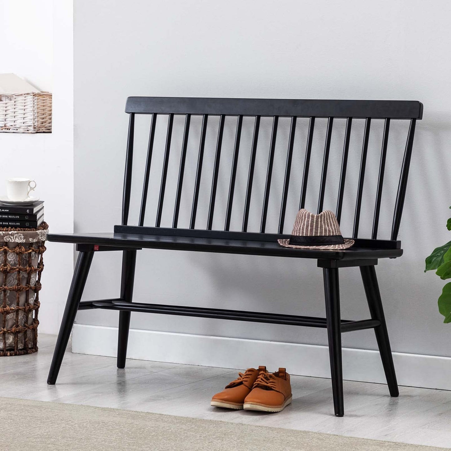 DUHOME Entryway Bench, Black Dining Bench with Spindle Back Farmhouse Wood Windsor Bench for Foyer Balcony Living Room, Black