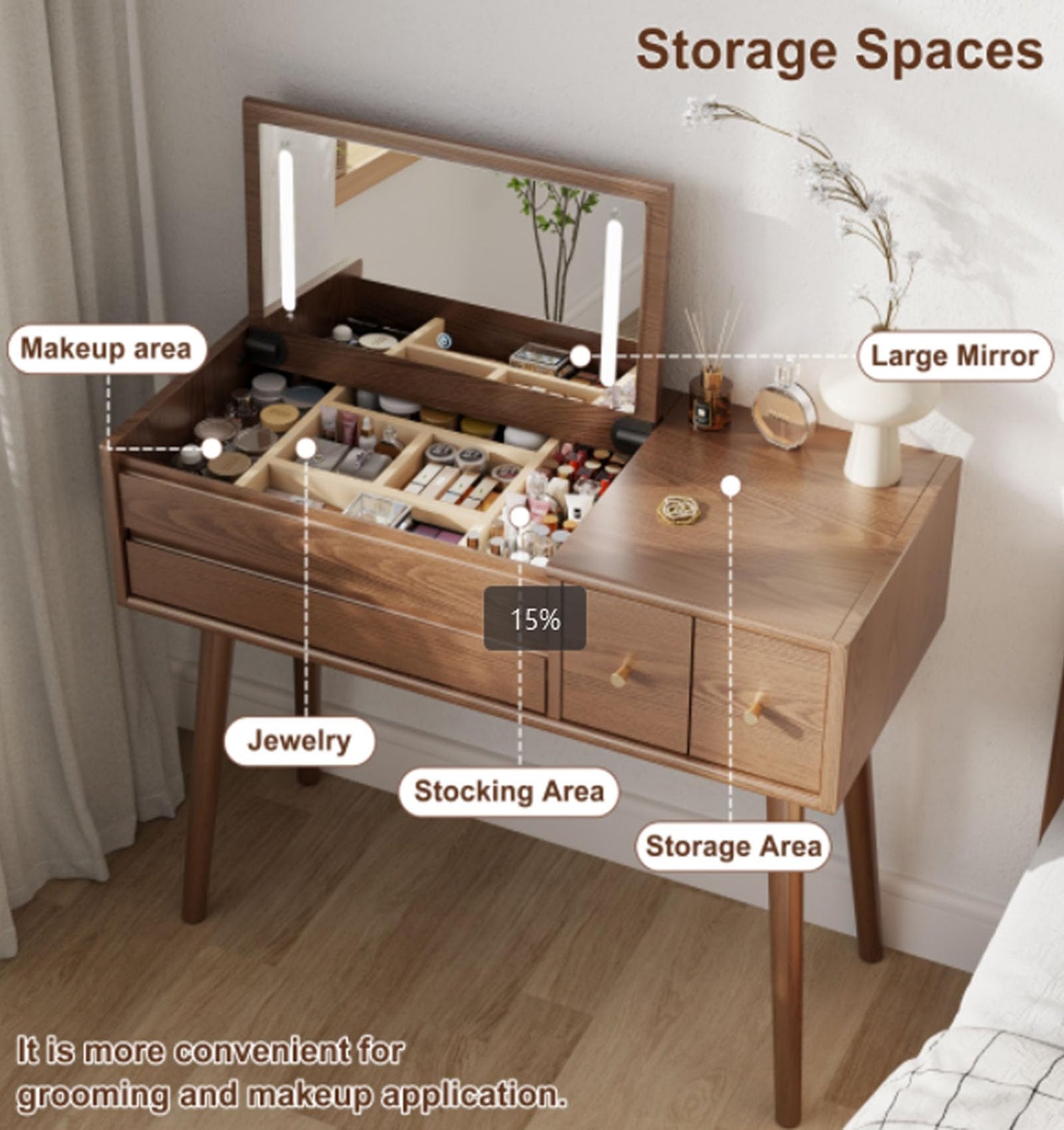 KungFuWood Makeup Vanity Desk with 3 Lighting Modes, Solid Wood Vanity Desk with Mirror Dressing Table Set 4 Drawers,Space-Saving Vanity for bedrooms(walunt)