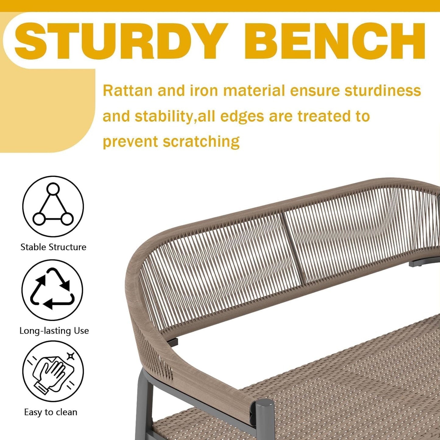 OPENAIRCOMFORT Outdoor Loveseat Bench,46.8 Inches Wicker Frame Patio Bench, All Weather Outdoor Bench with Rattan Backrest Armrests and Metal Legs for Lawn, Front Porch, Park, Yard