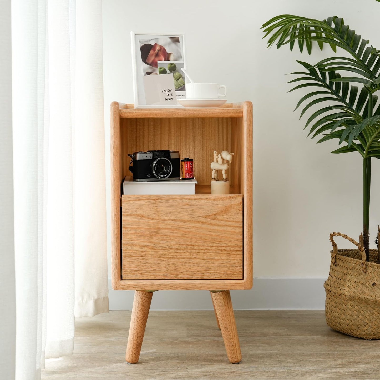 Cttasty Night Stand, Solid Wood Nightsatnd with One Drawer & Open Shelf, Mid Century Modern Nightstand, Durable & Sturdy Small End Table, 11.81 W x 15.75 D x 22.05 H Inches, (Natural)