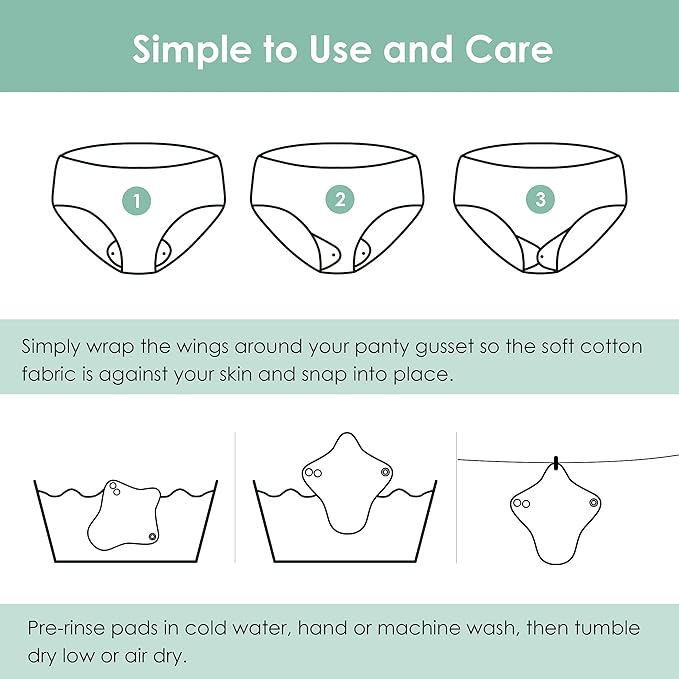 wegreeco 6 Pcs Reusable Menstrual Pads, Ultra Absorbent Cloth Pads for Heavy Flow, Sanitary for Teens, Women, Nonslip, Grey Inner, Black Outer, Small