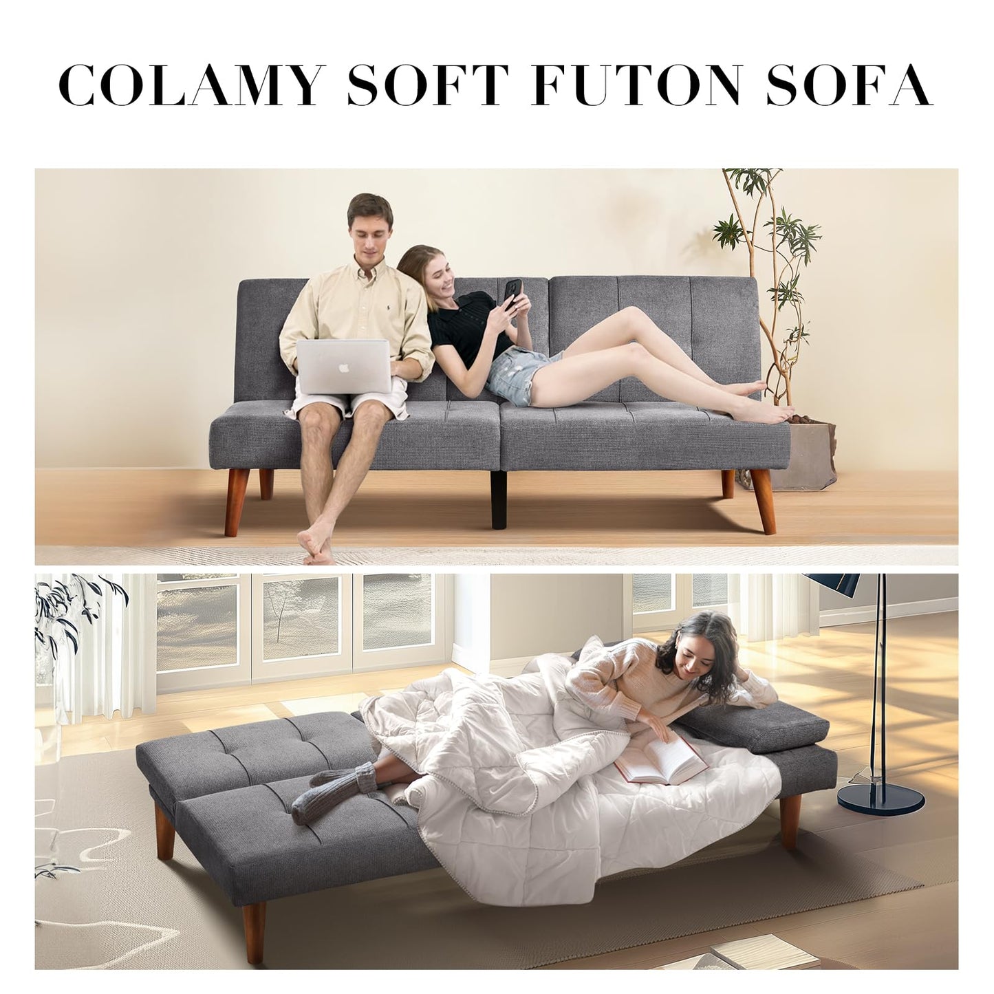 COLAMY Futon Sofa Bed-Fabric Small Couch, Small Lounge Convertible with 2 Cup Holders, Removable Soft Armrest, Adjustable Backrest for Dorm/Bedroom/College