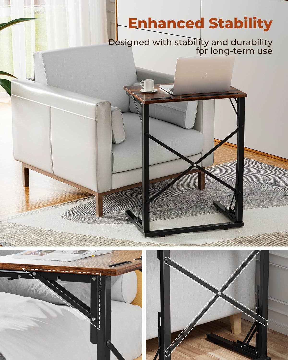 Evermagin 21''Wx28''H TV Tray Set of 2, Small Foldable C-Shaped End Table for Eating with Tablet and Phone Slots, Slide Under Couch Side Table for Recliner, Living Room, Bedroom, Rustic Brown