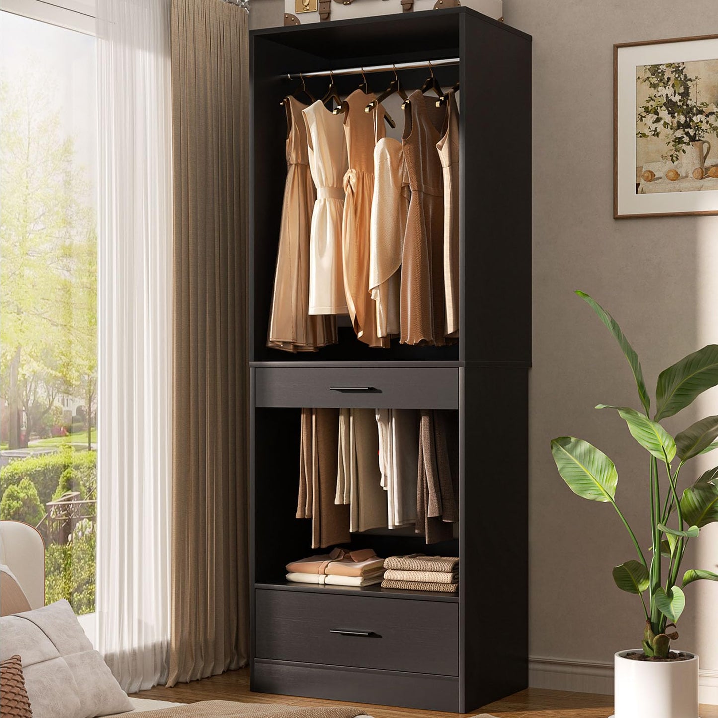 Homieasy Closet System Organizer with Hanging area, Pants Rack & Drawer – Expandable & Sturdy Modular Closet Storage Unit, Customizable Wardrobe Organizer for Bedroom or Walk-In Closet, Black