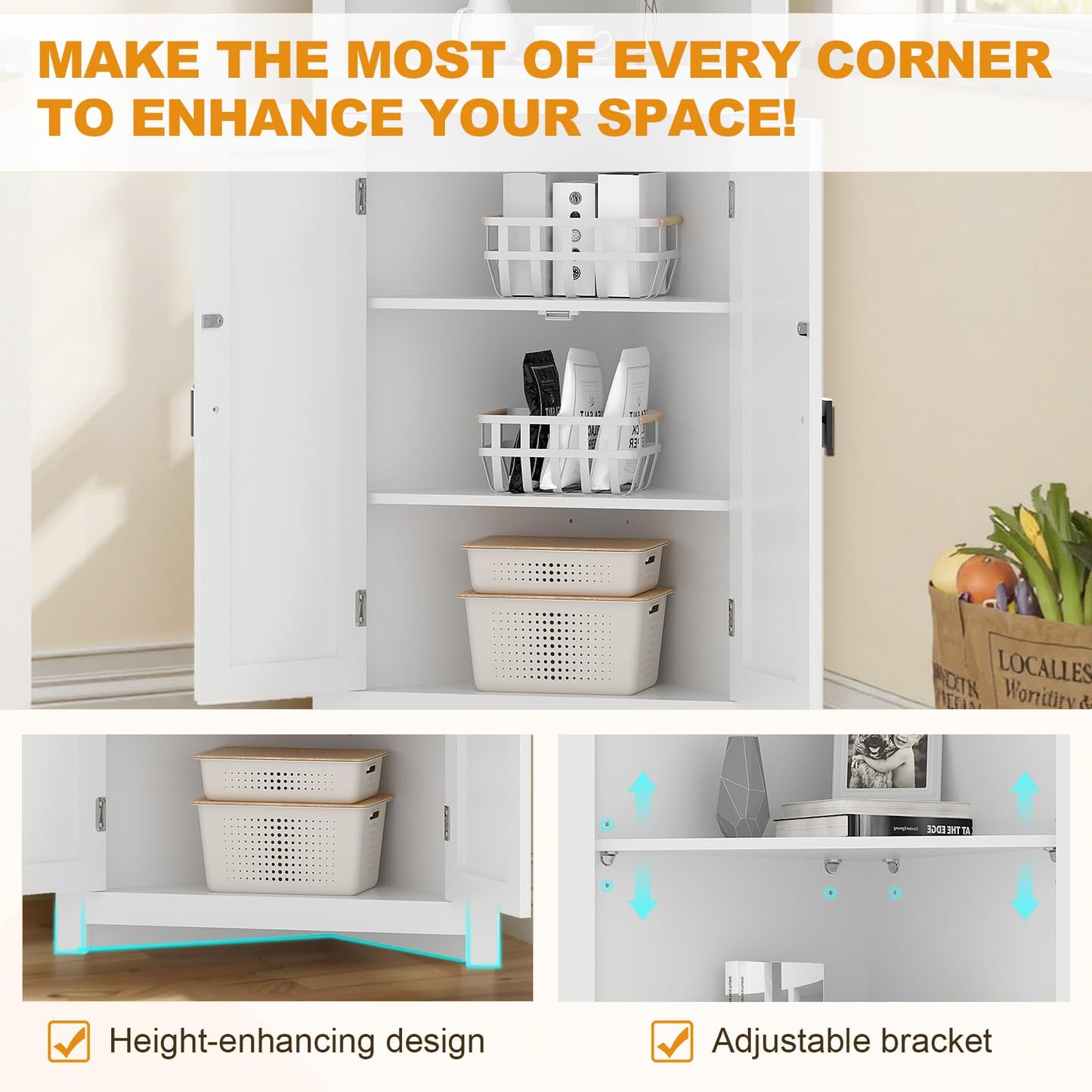 Amenitlif Corner Storage Cabinet with Adjustable Shelves - 63.78" Tall Freestanding Bathroom & Kitchen Organizer, Space-Saving Cabinet for Pantry, Laundry Room - Rustic White Finish, Easy Assembly