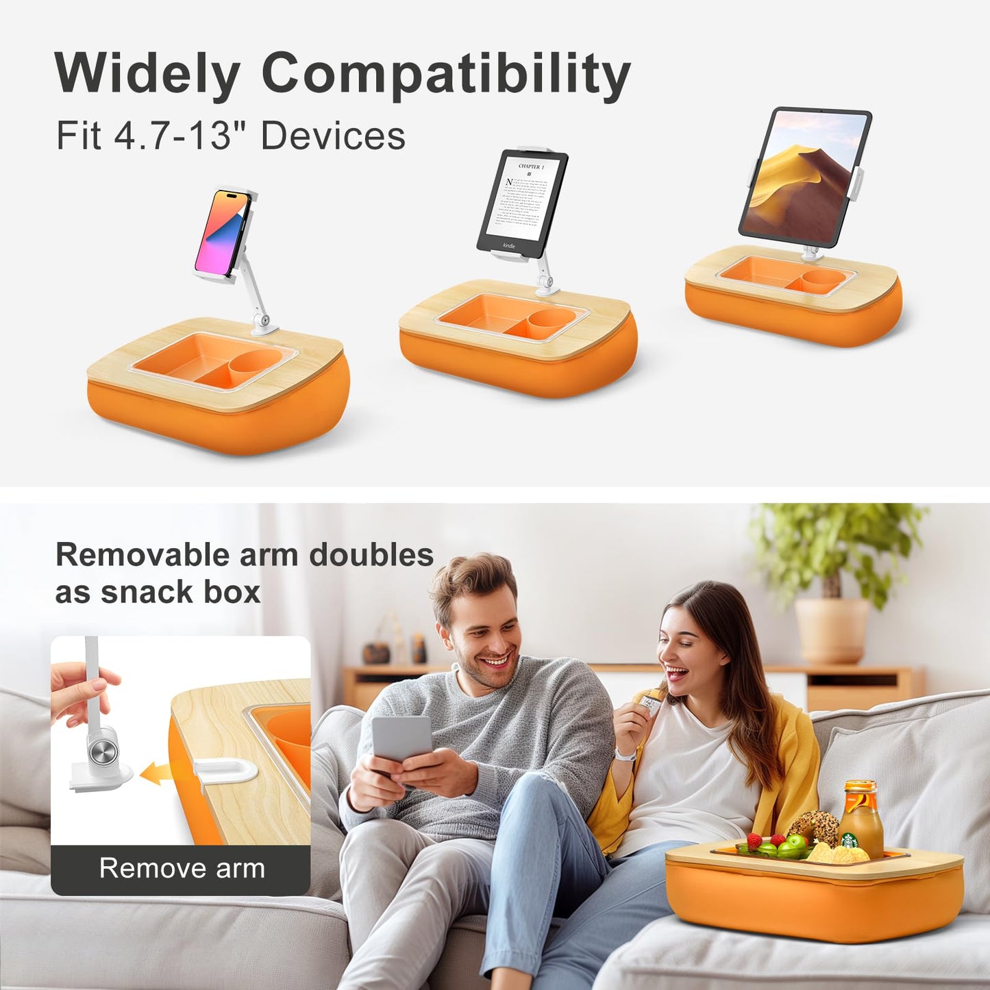ERGONOV Lap Beanbag Tablet Pillow Stand with Snack Bowl and 360° Rotating Arm, Adjustable iPad Holder for Bed, Couch, and Recliner, Compatible with 4.7"-13" Kindle, iPad, Tablet, Phone,Orange