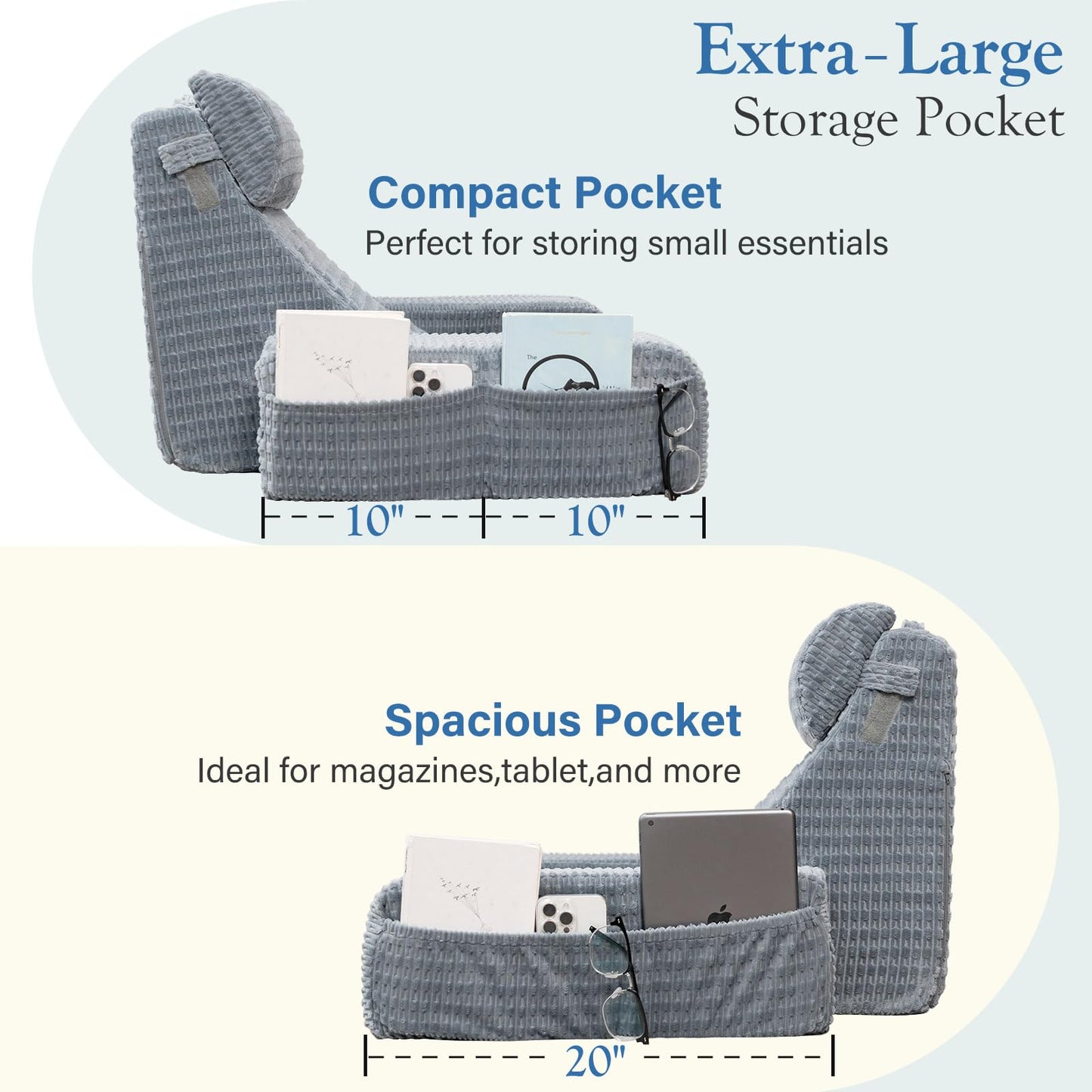 Selectico Reading Pillow for Bed, 19" Back Pillow for Bed Sitting up, Big Pockets & Built-in Arms, Backrest Cushion, Wedge Support for Reclining/Reading/Resting/Watching TV, Washable Cover, Grey