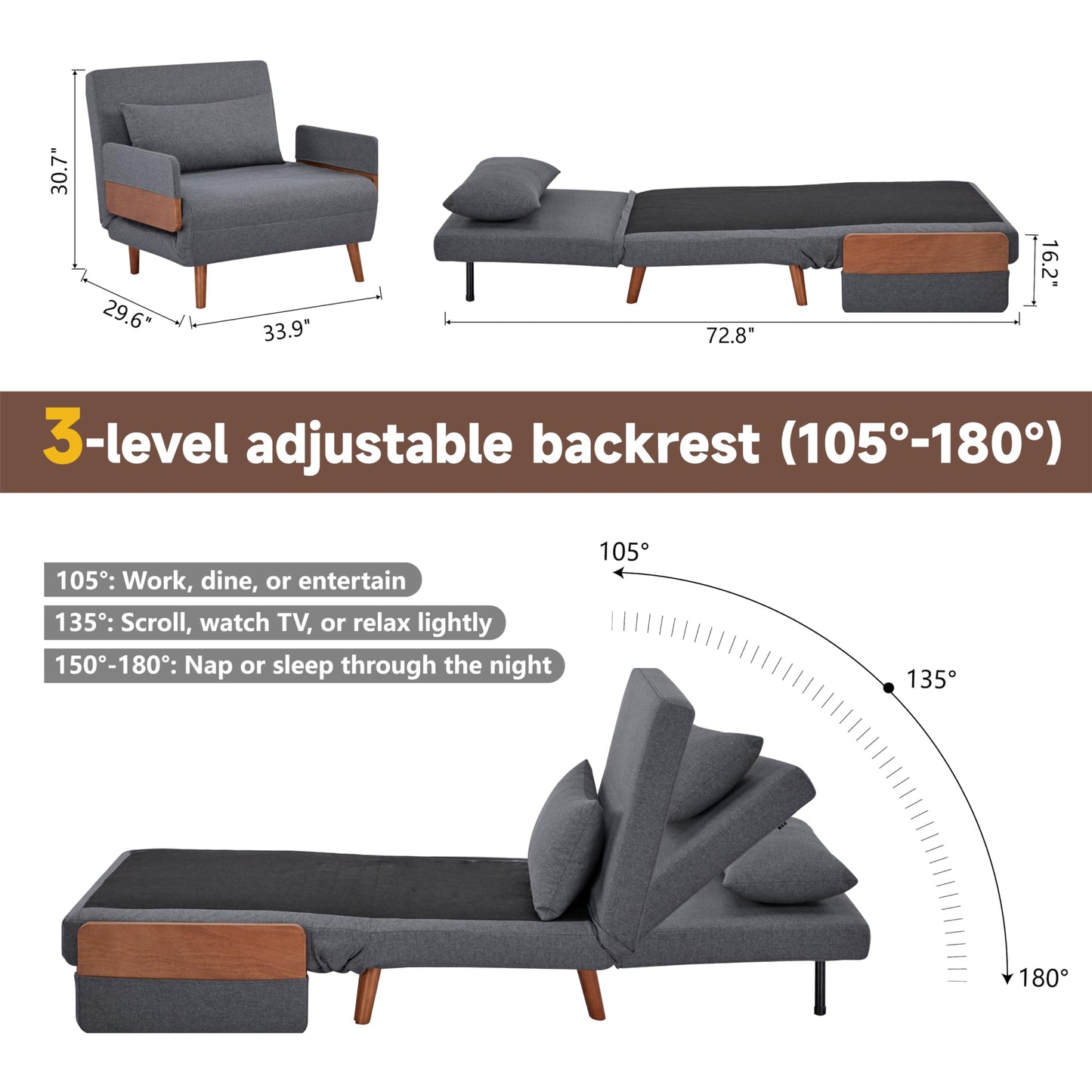 CITTANEO Convertible Sleeper Chair, 3-in-1 Chair Bed Sleeper for Adults with 3-Position Adjustable Backrest, Pillow and Wooden Arms, Folding Sofa Bed for Apartment, Dorm, Office, Gray