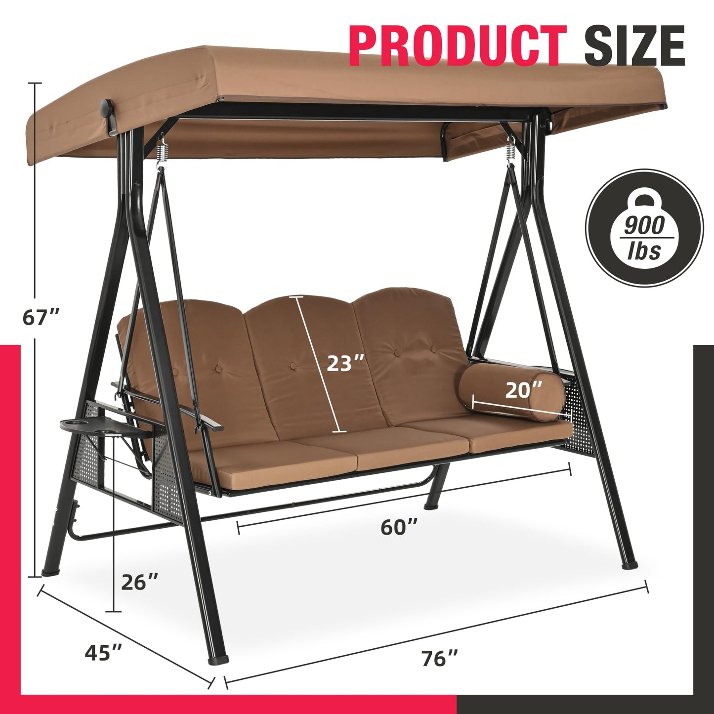 Pamapic 3-Seat Porch Swing with All-Weather Steel Frame, Adjustable Swing Chair with Canopy, Removable Cushion and Pillow Hammock with Stand for Outside, Backyard, Porch, Poolside, Balcony (Topaz)