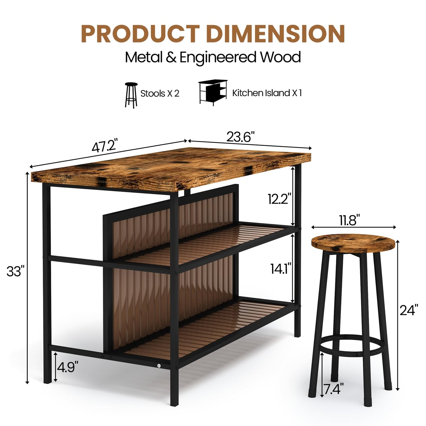 DKLGG Kitchen Island with Seating & Storage, Farmhouse Dining Table Set for 2, Space-Saving 3 Piece Dining Set Table & Chairs Island Table for Kitchen, Apartment, Dining Room, Rustic Brown