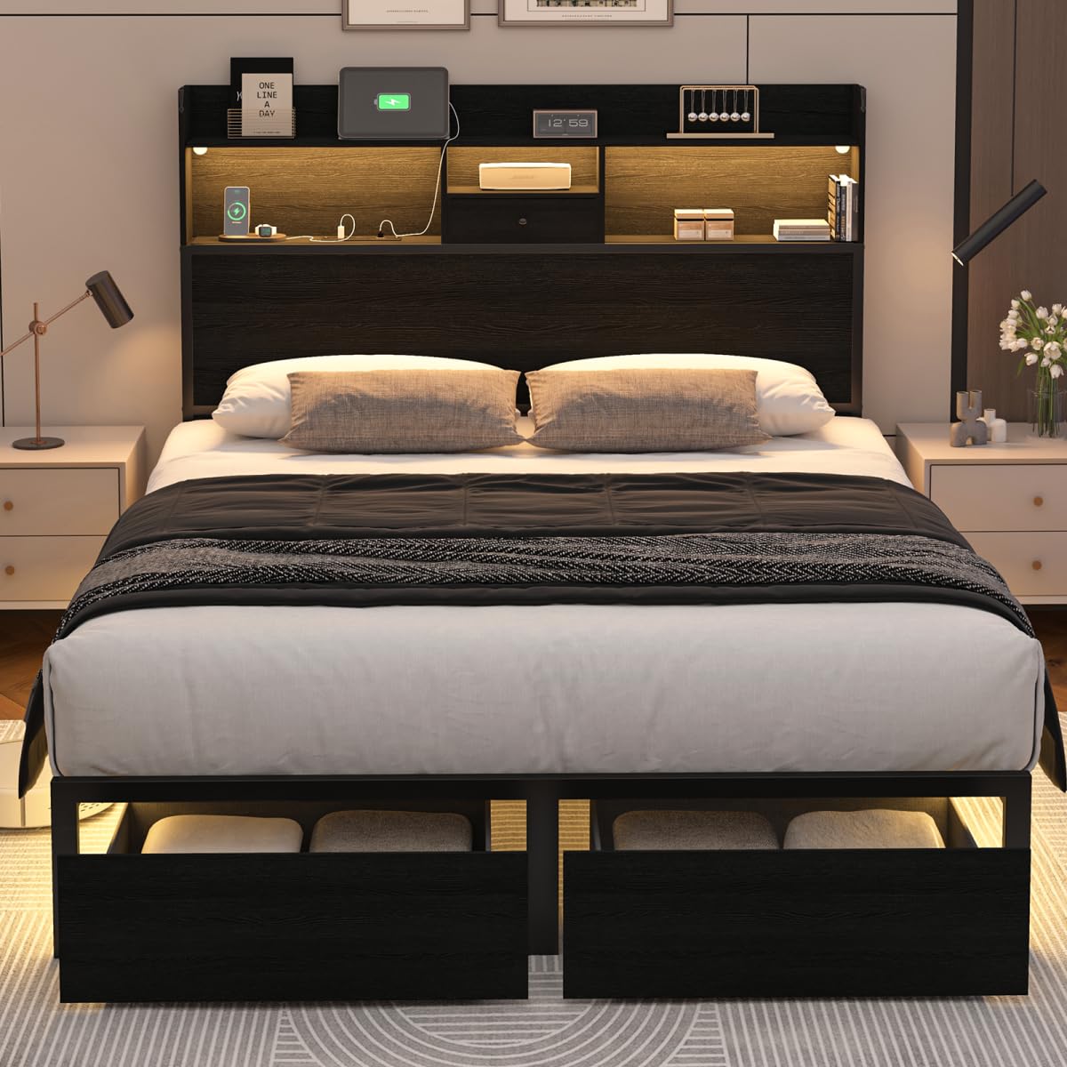 Siihnon Queen Bed Frame with Tall Headboard and LED Lights, 51.2" Bookcase Black Bed Frame Queen Size with Storage Drawers and Charging Station, Platform Metal Bed Frames, No Box Spring Needed, Black