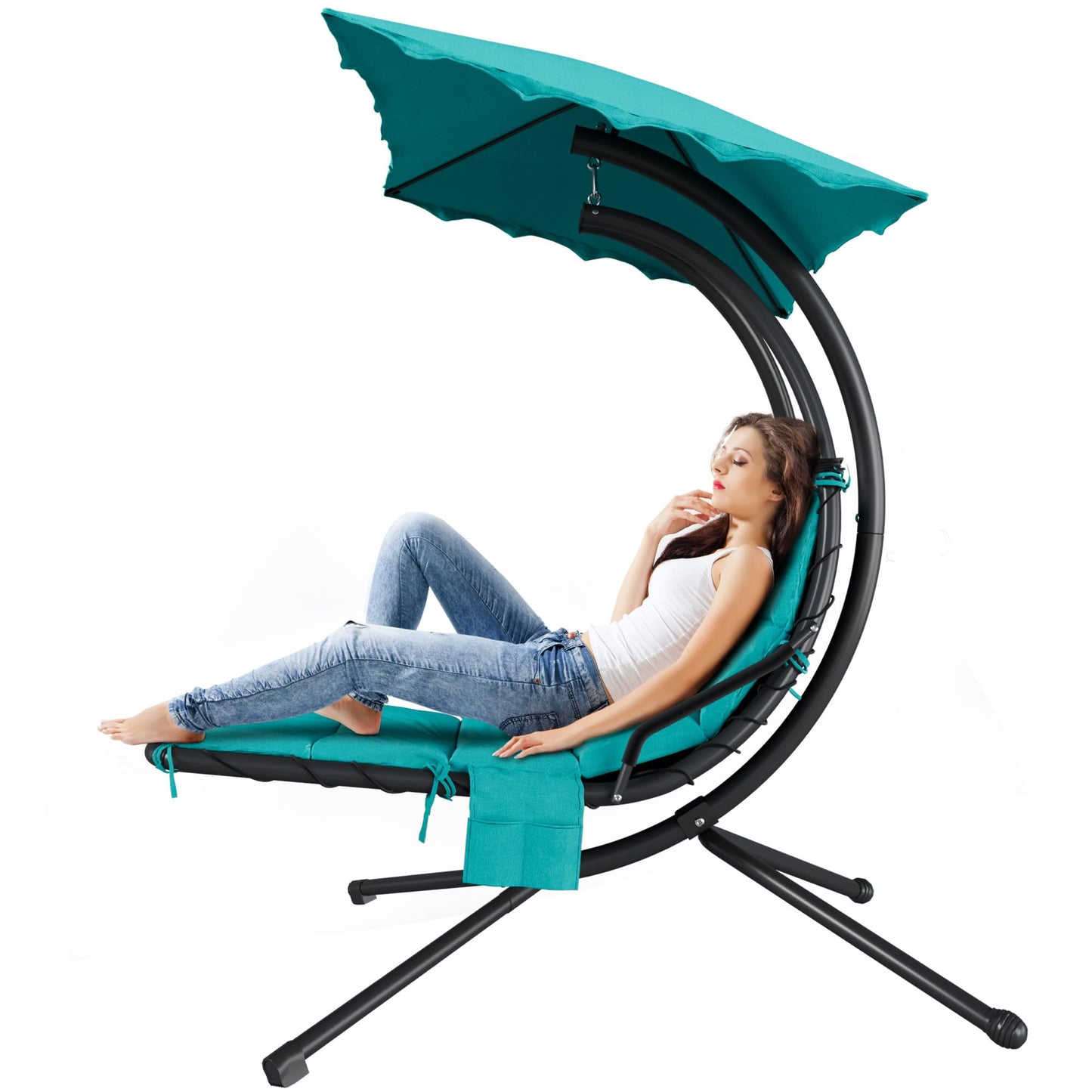 LuyFuitre Hanging Chaise Lounge Swing Chair, Hanging Curved Chaise Lounge Chair Umbrella, Curved Steel Hammock Lounger Chairs for Outdoor Indoor Patio Pool Garden Backyard Porch